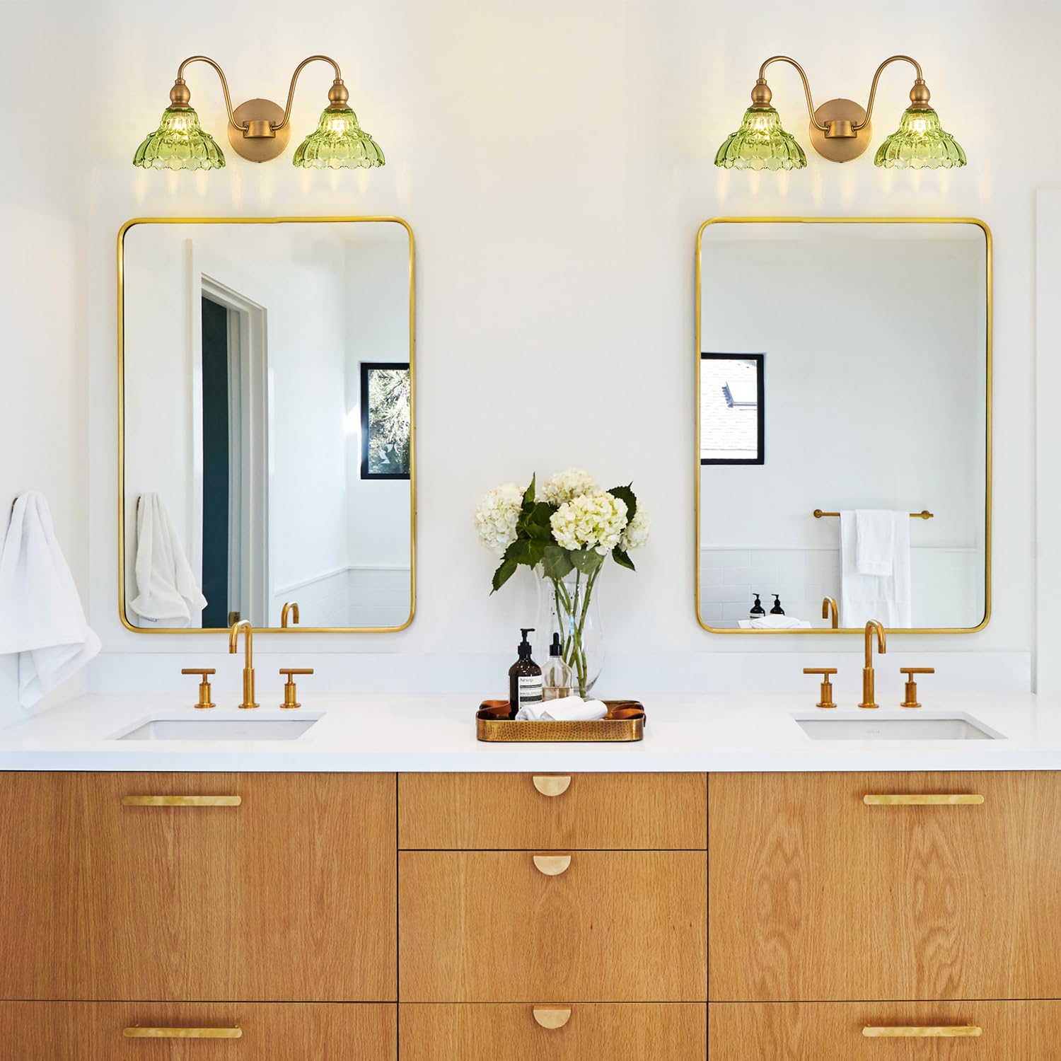 TLOLGT Vintage 2-Light Bathroom Vanity Light, Green Glass Wall Sconces, Model LS178-2, Perfect for Bathroom & Hallway Lighting