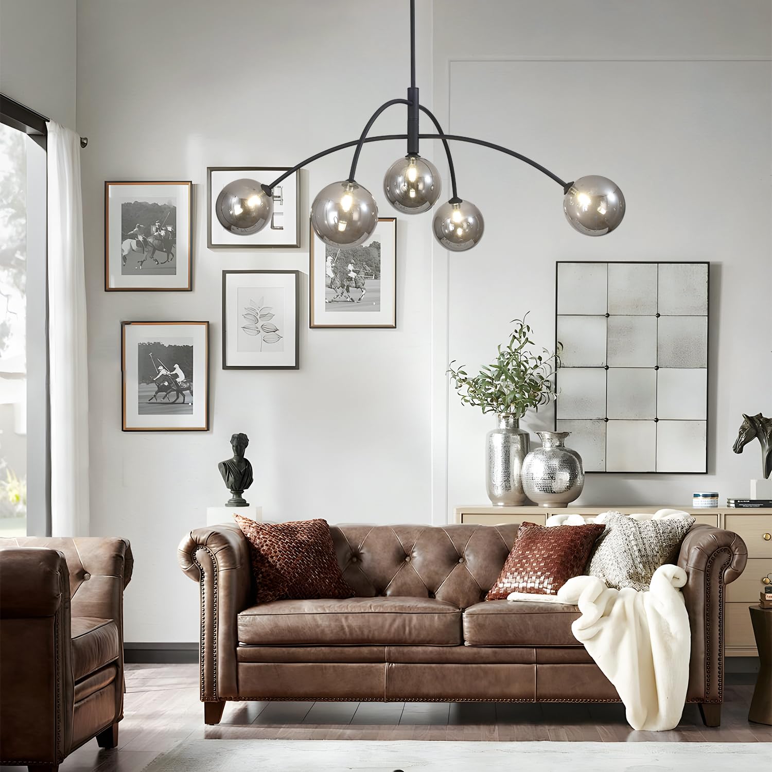 Fulesi Mid Century Modern Chandelier Black 5 Light Industrial Pendant Light Fixture Vintage Smoke Gray Globe Glass Sputnik Chand