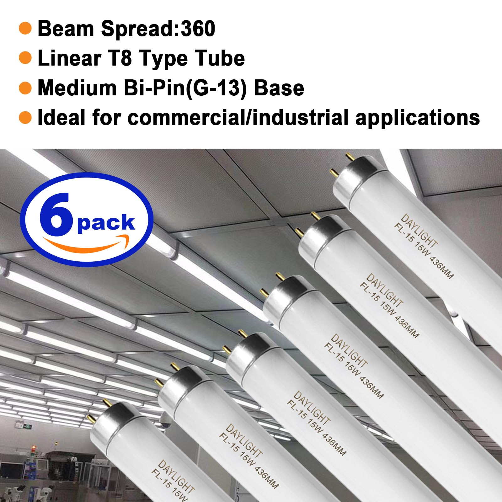 F15T8/Dl 18 Inches T8 15 Watt Fluorescent Tube Compatible For Sylvania Ge Eiko F15/T8/D Daylight 6500K G13 Bi-Pin Base 6 Count