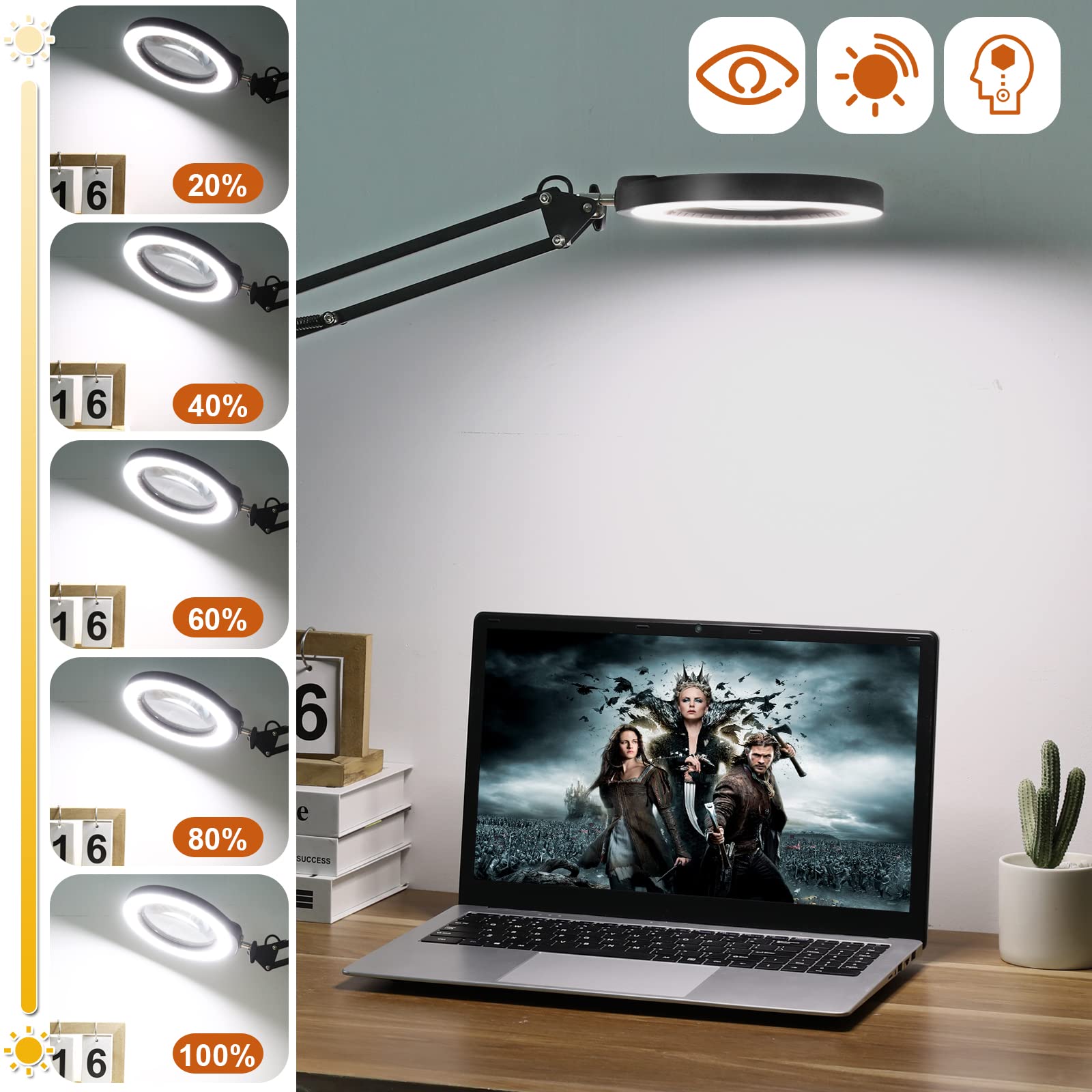Veemagni 5 Inch Magnifying Glass With Light, 10X Magnifier, 5 Color Modes, Black, Model 5D8-018, Hands-Free Led Clamp Desk Lamp