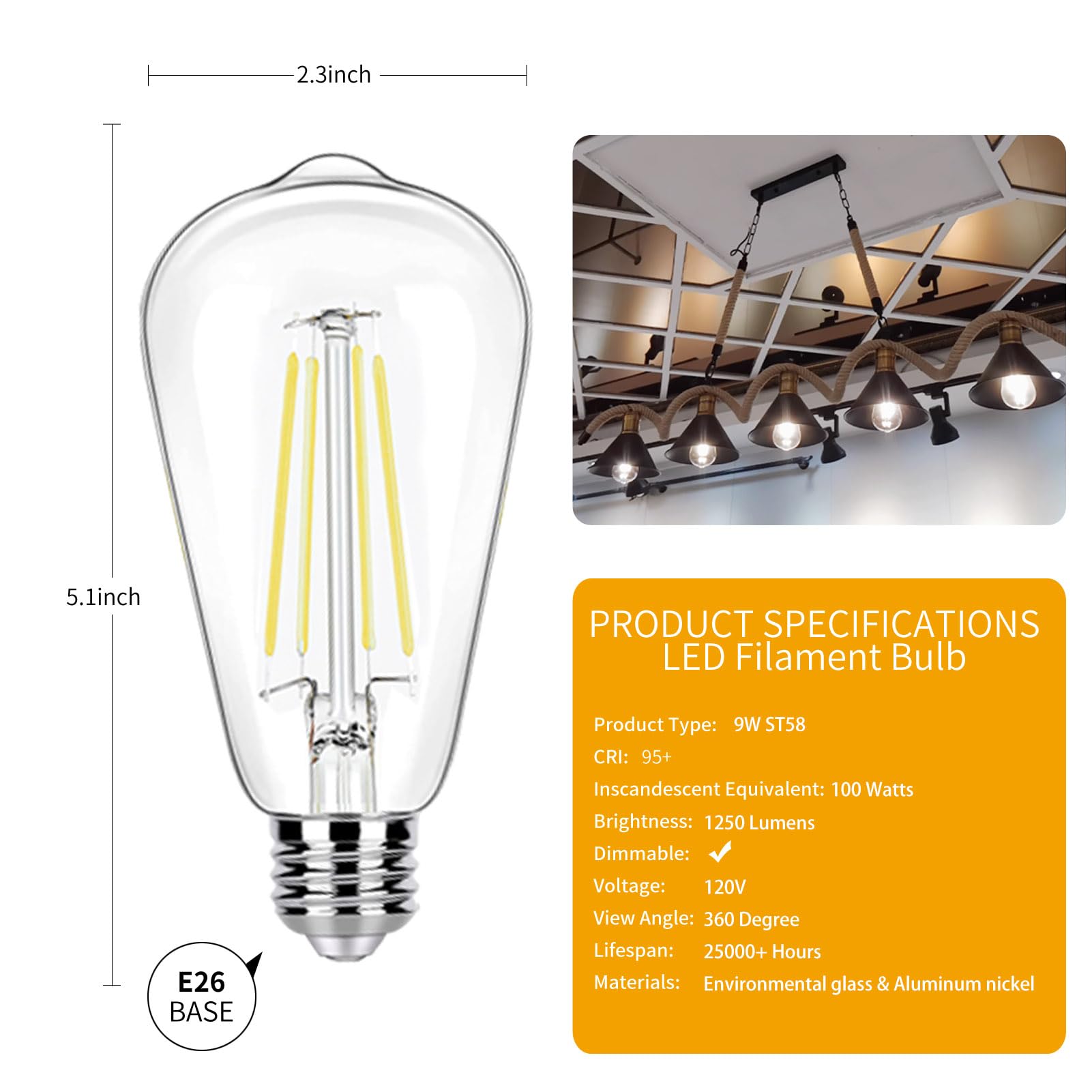 Winsaled 12 Pack Led Bulbs 100W Equivalent, 5000K Daylight, 9W, High Bright 1250Lm, E26 Medium Base, Vintage Light Bulb For Home