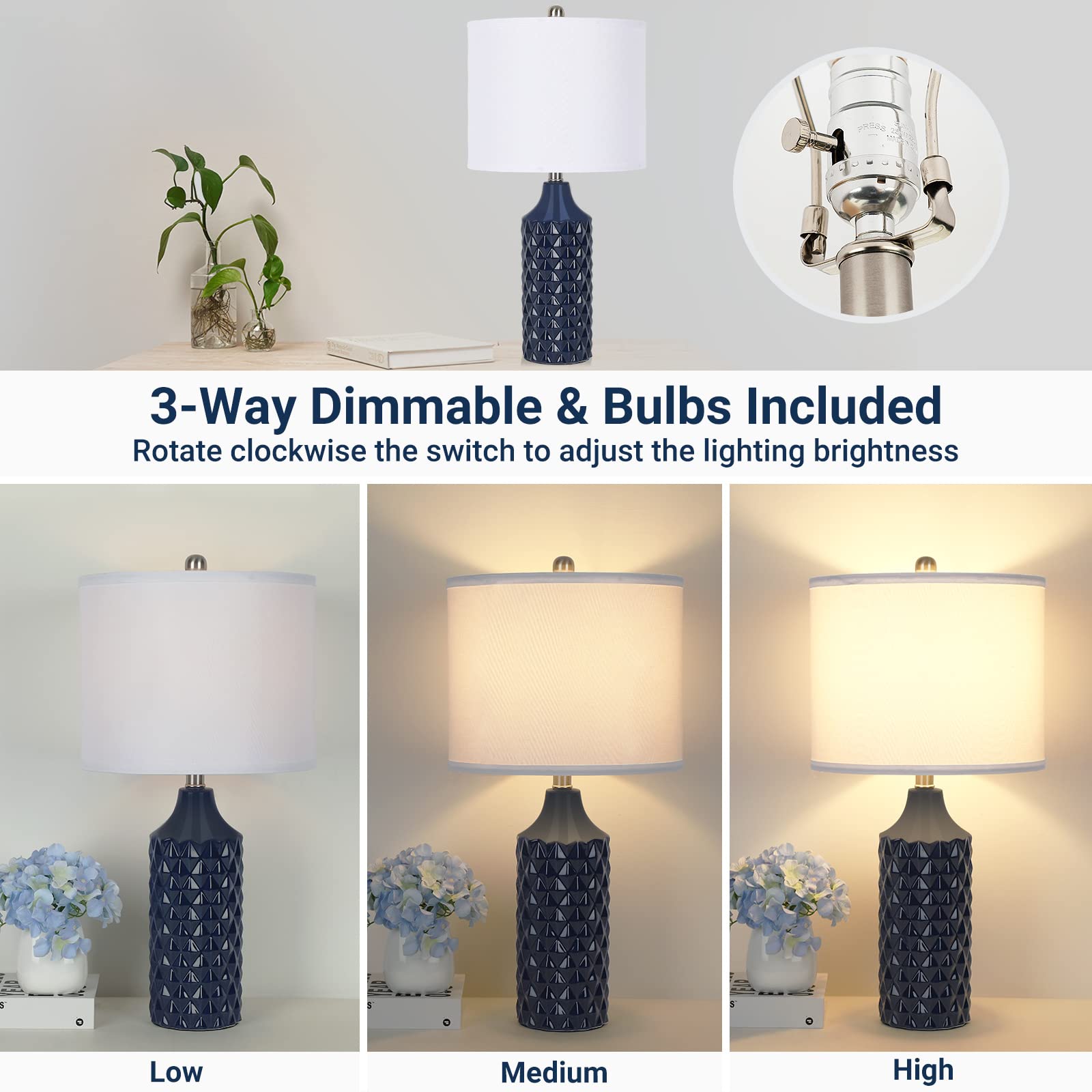 Qingmiao 25&quot; Navy Blue Ceramic Table Lamp Set Of 2 - 3-Way Dimmable Nightstand Lighting