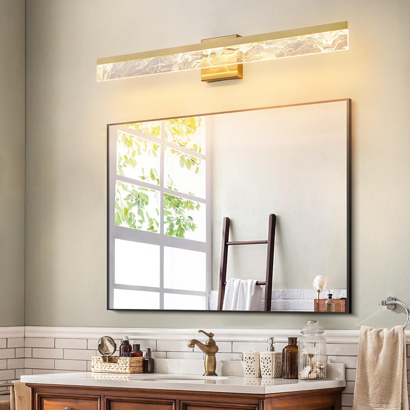 AIJIASI 32 Inch Gold LED Vanity Light Bar, Dimmable Acrylic Bathroom Lighting Fixture, Model 8205WL-32GD-US, Over Mirror 3000K