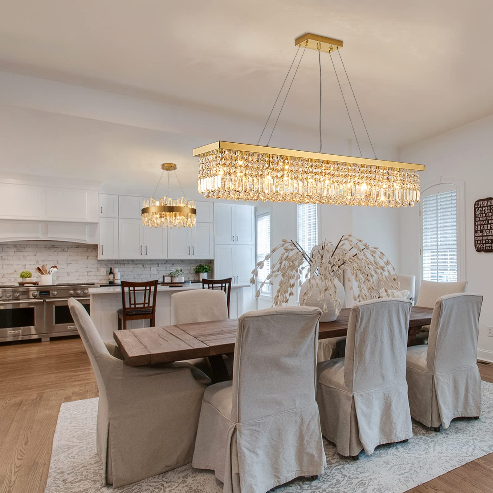 Siljoy 10-Light Crystal Chandelier, Gold Rectangular Flush Mount, Stainless Steel, 47in  L x 10in  W x 10in  H, Modern Design for Dining Room