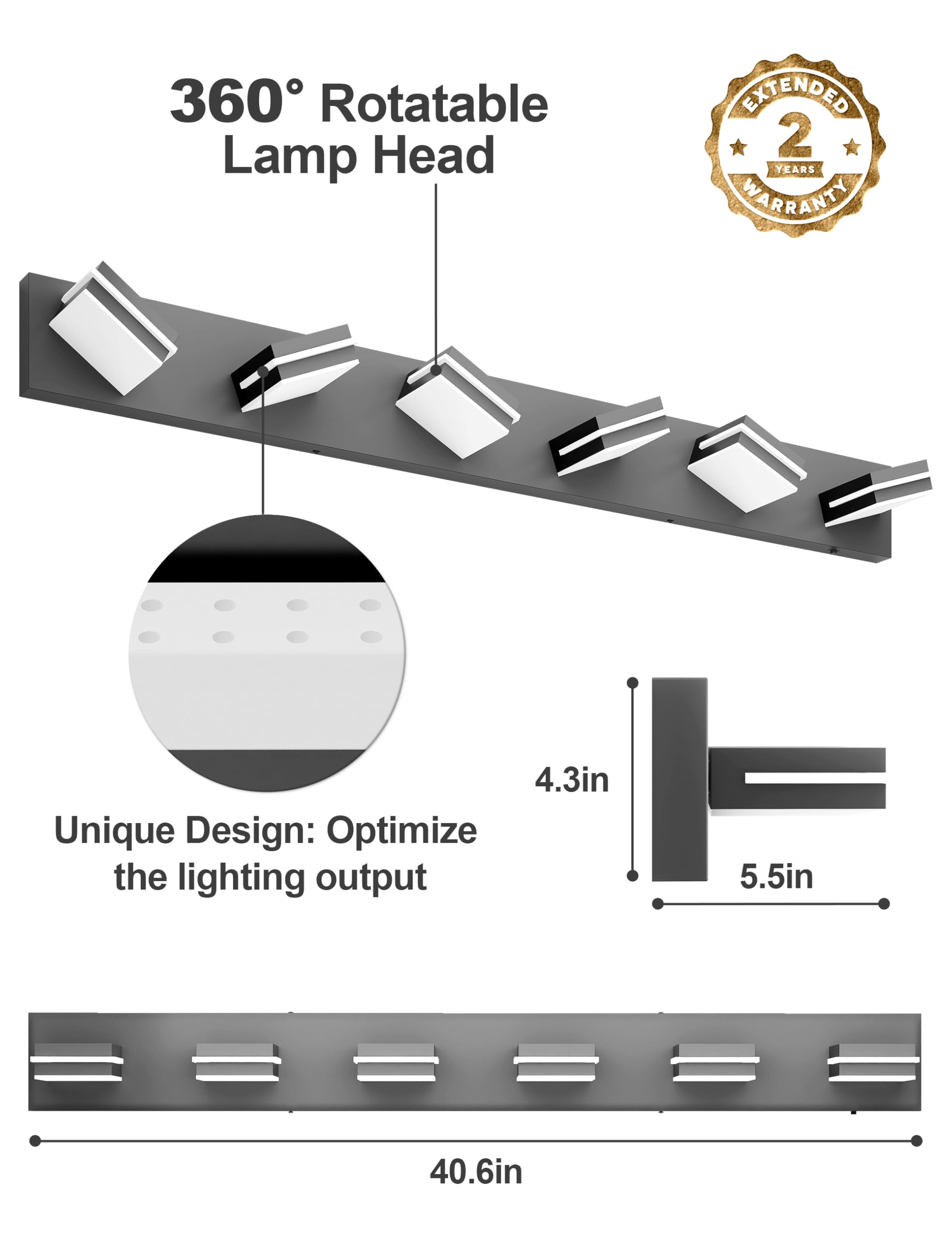 Volisun Modern Bathroom Vanity Light Fixtures (6-Light, 48-Inch), Matte Black Led Bathroom Lighting Fixtures Over Mirror, 360Rot