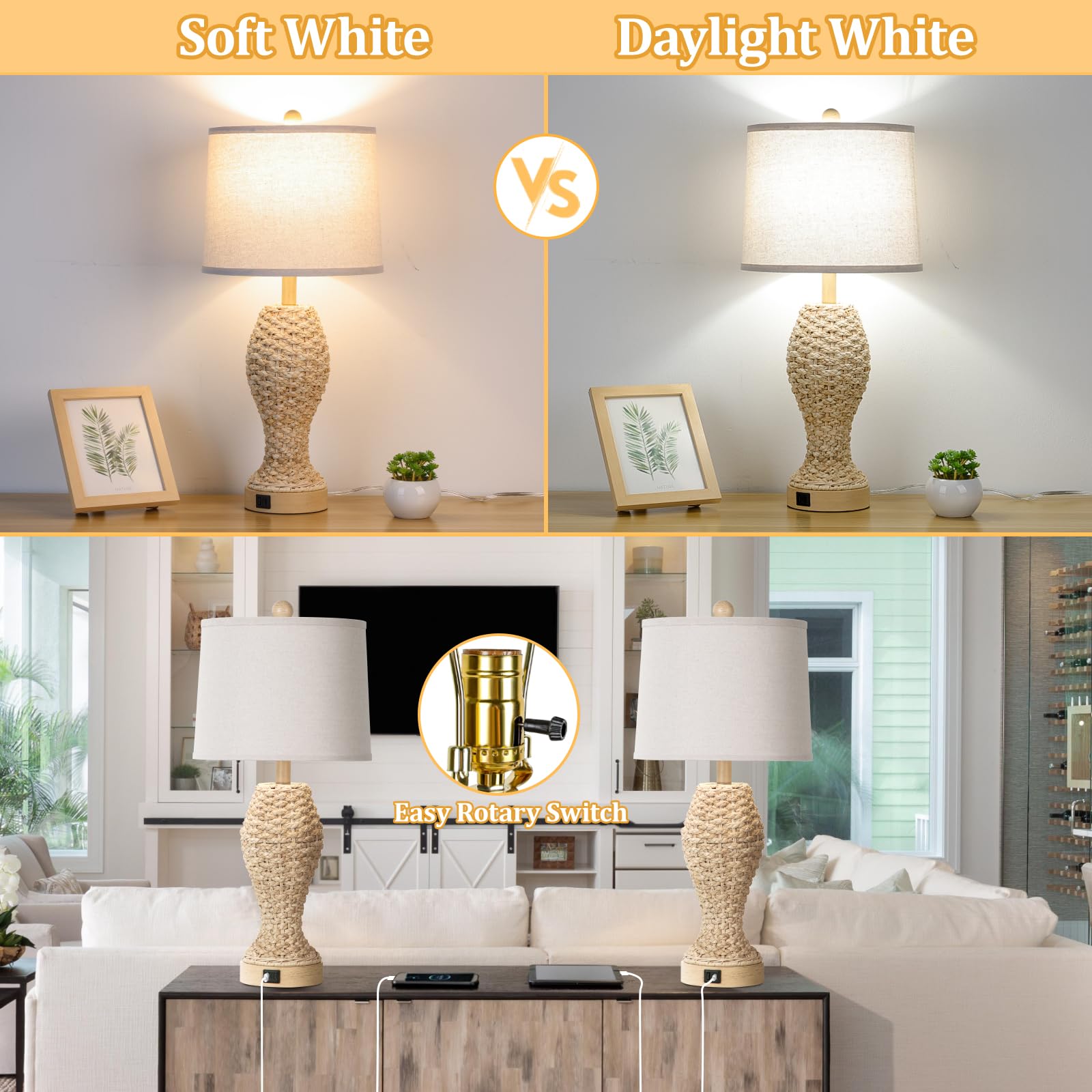 Tobusa Set Of 2 Rattan Table Lamps, 26.5&quot; Cream Bedside Lamps With Usb, Farmhouse & Coastal