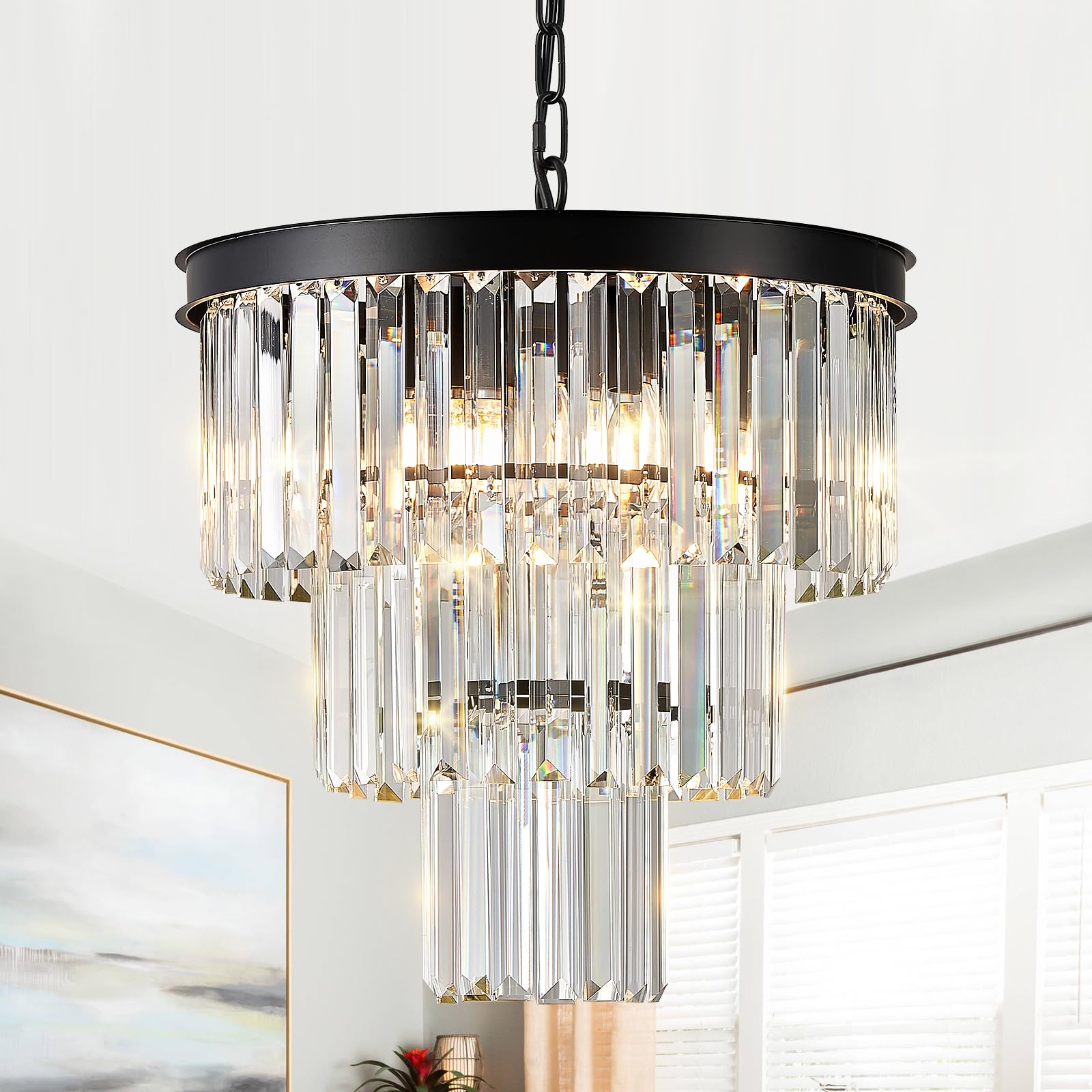CATINER Modern Crystal Chandeliers 16'' Small Black Pendant Light Luxury 3 Tiers K9 Crystal Ceiling Pendant Round Light Fixture 