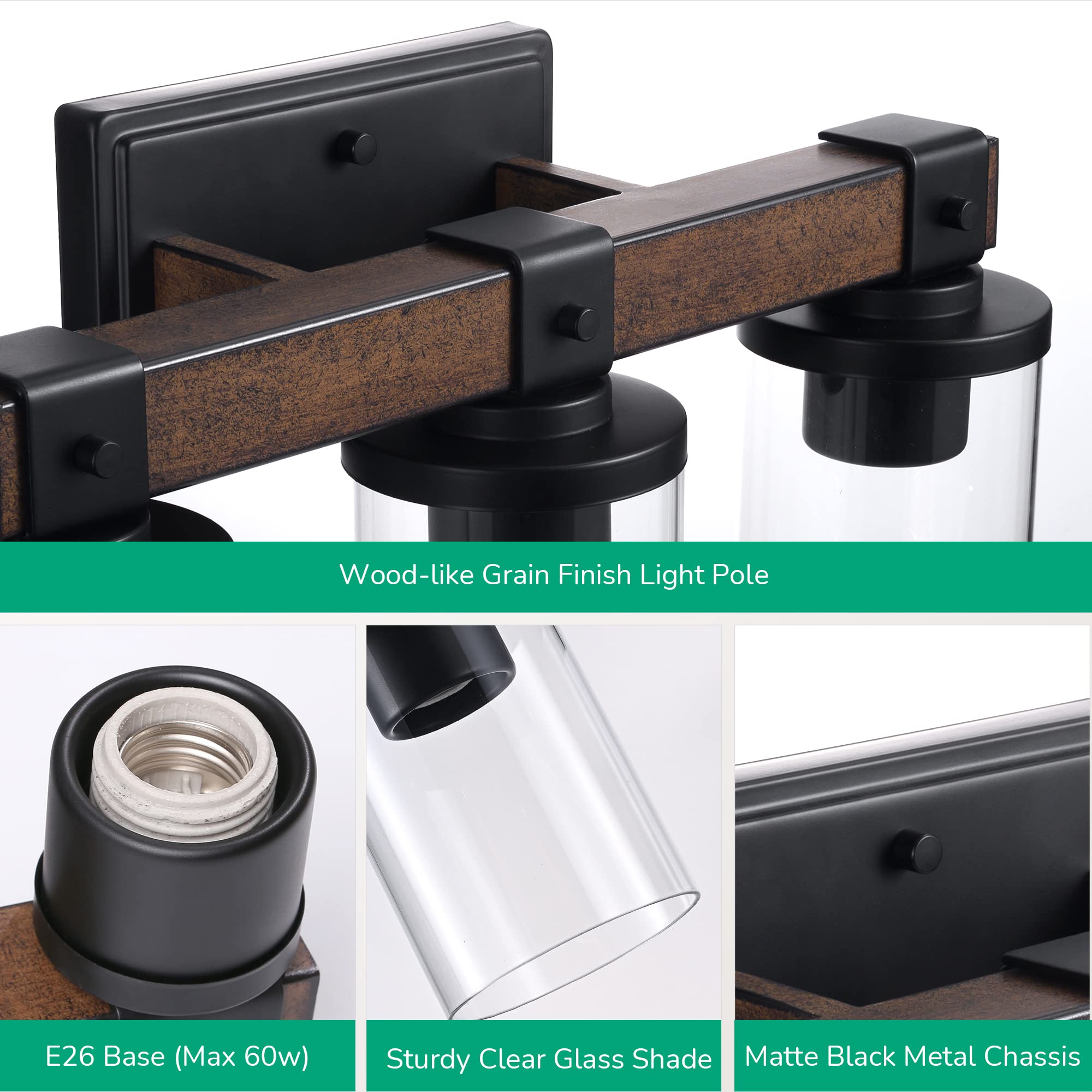 Edishine Farmhouse Vanity Lights For Bathroom & Living Room, 3-Light Over Mirror, Wall Sconce With Clear Glass Shades (E26 Base)