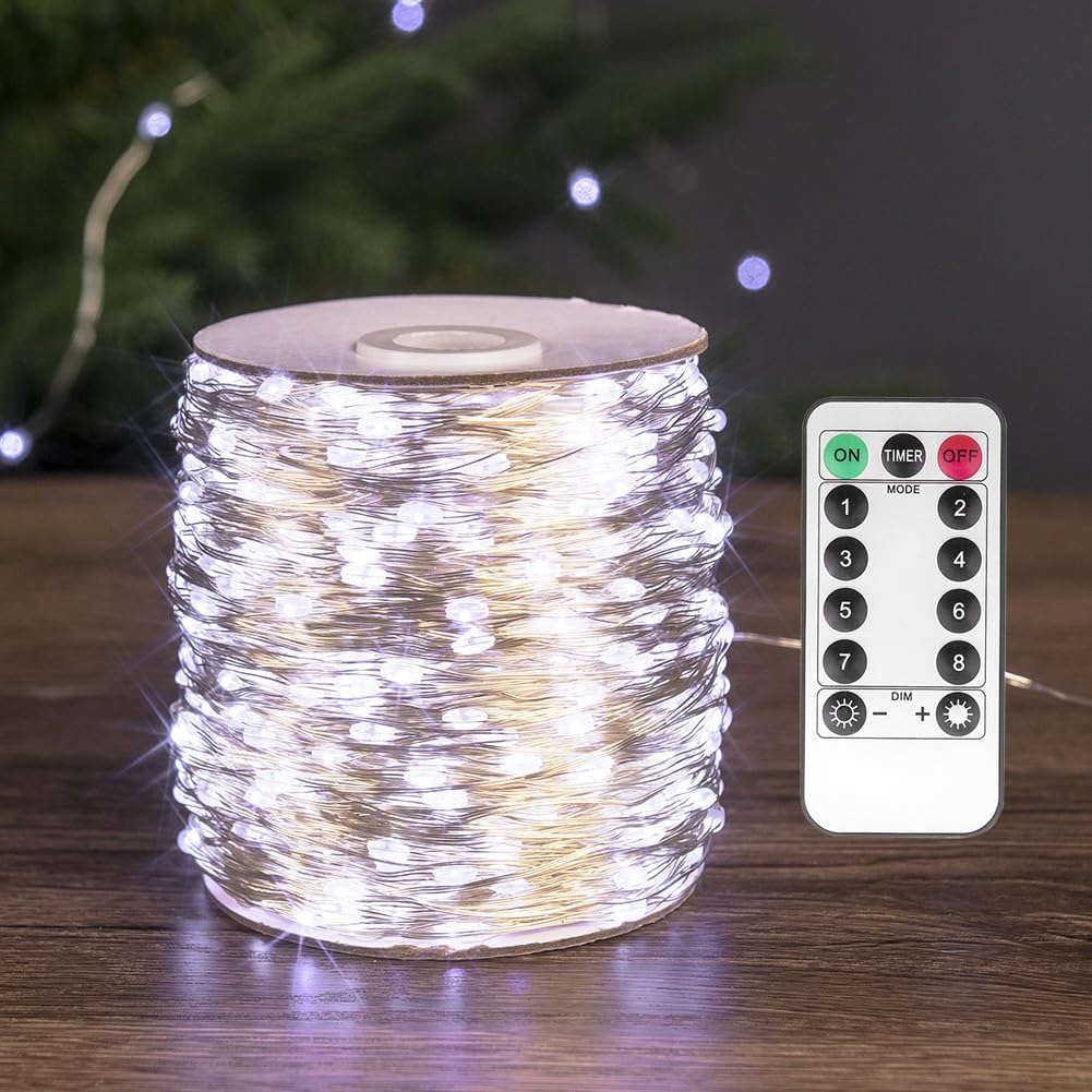 PCORES 100FT Fairy Lights 300 LED Cool White Silver Wire Remote Control Indoor Outdoor Plug in String Lights for Bedroom Living 