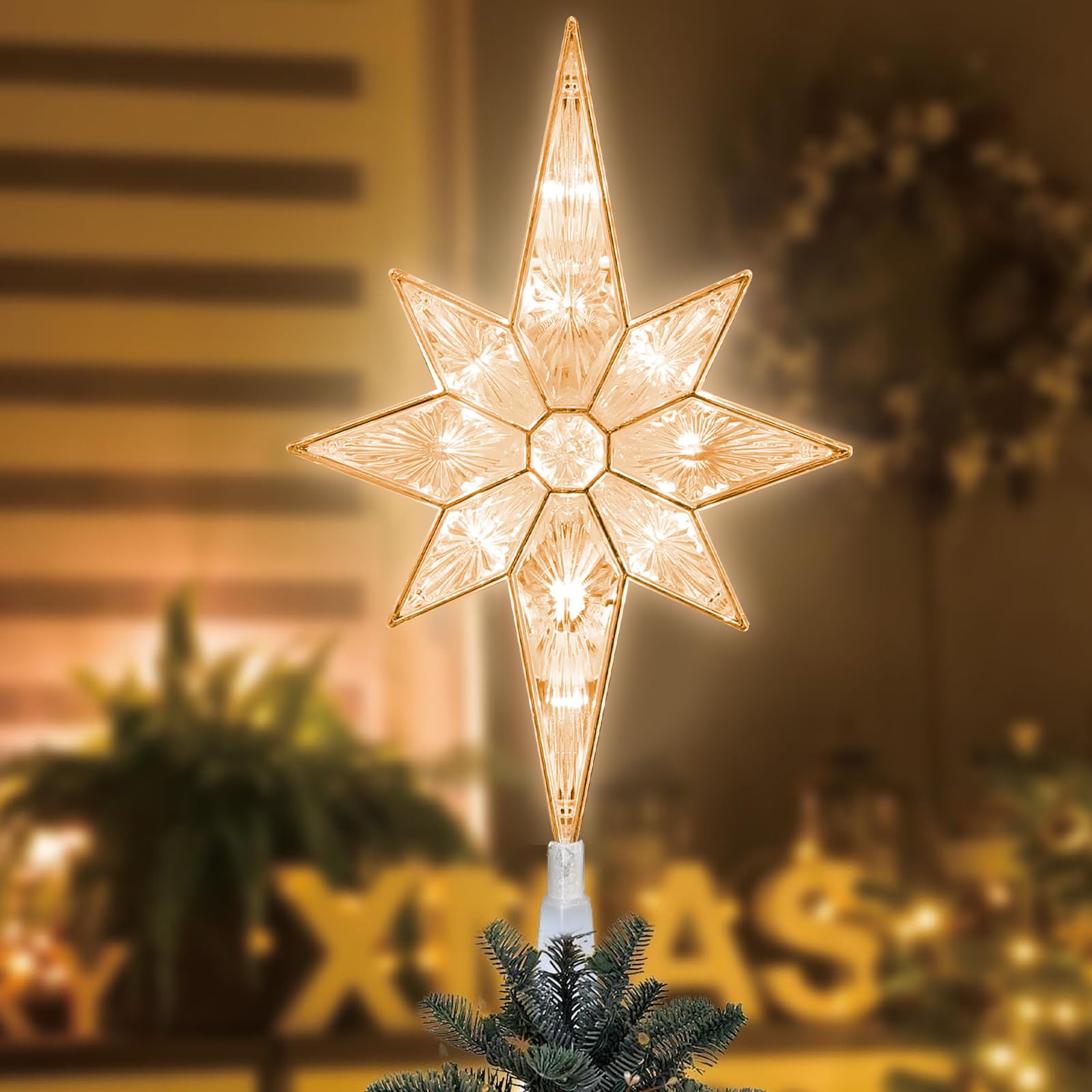LAMPHOME 12in Lighted Christmas Tree Topper, Warm White Bethlehem Star, Model YHL-11A/1S-F-122, Acrylic