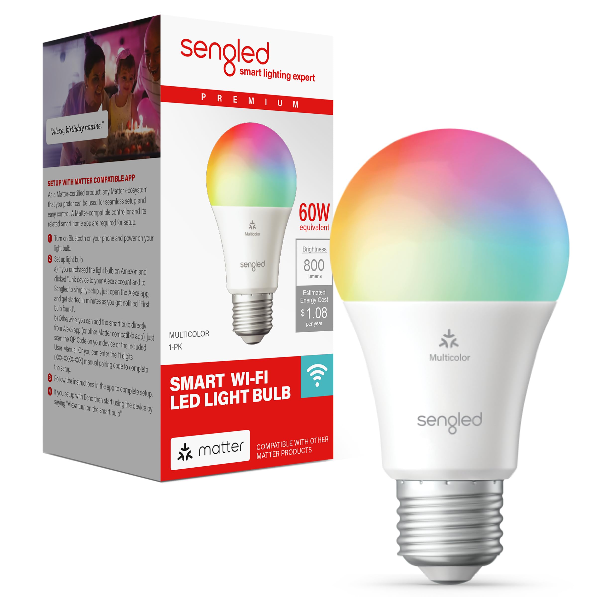 Sengled LED Smart Light Bulb A19, Matter-Enabled, Multicolor, 60W Equivalent, 800LM, Wi-Fi, 1-Pack
