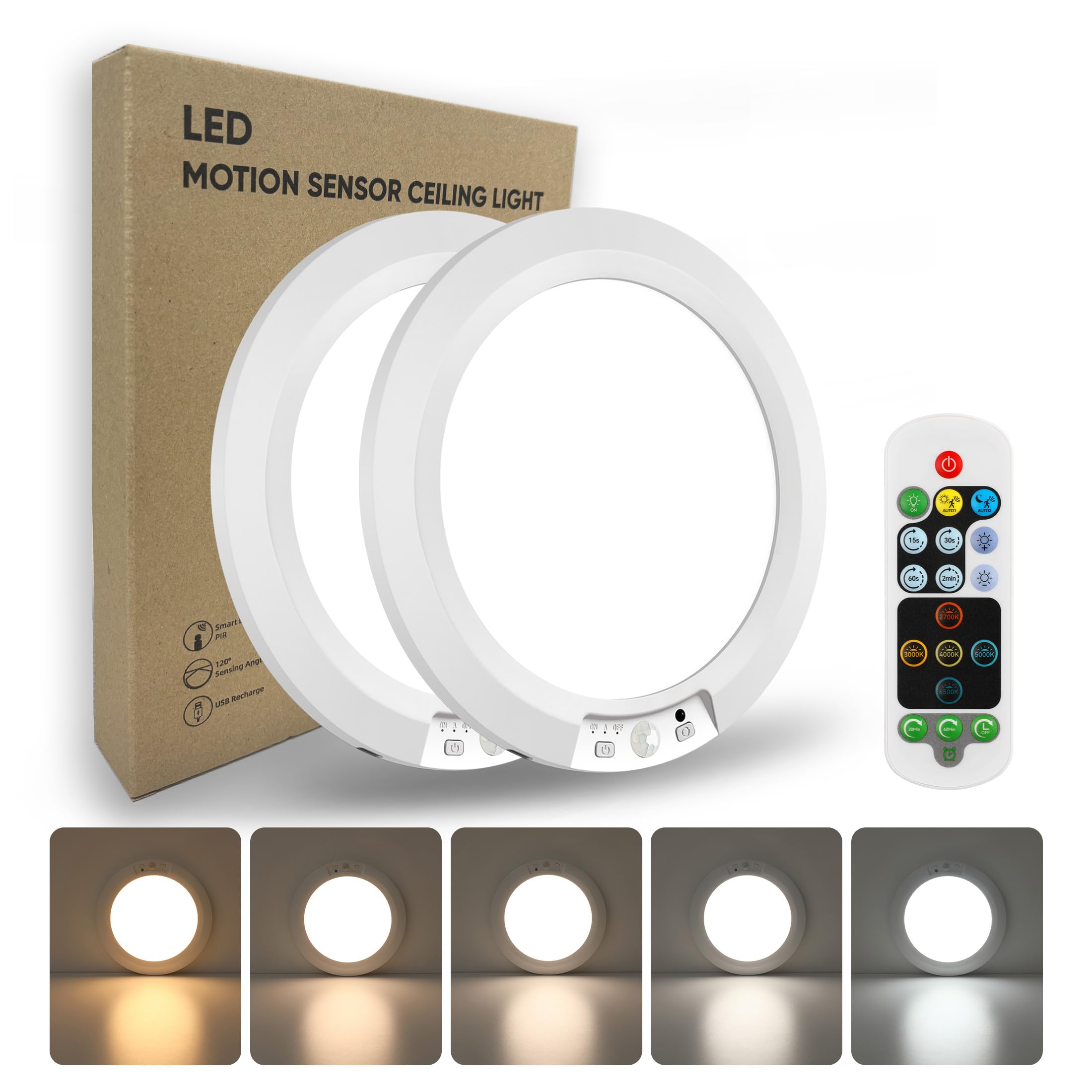 APCENS Wireless Motion Sensor Ceiling Light, 7.5 Ultra-Thin 8000mAh Rechargeable, 450 Lumen, 5 Color Temps, Dimmable with Timer 