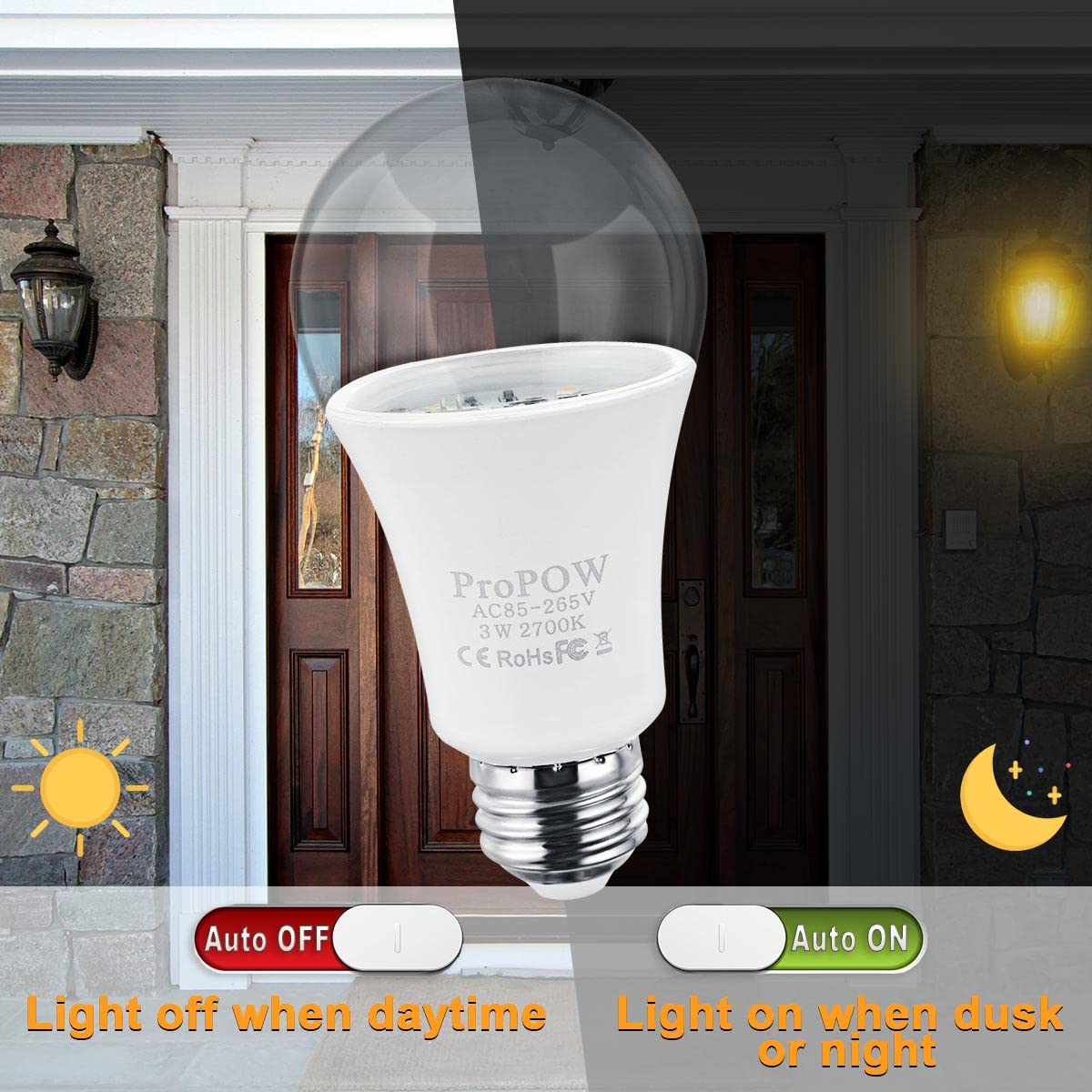 ProPOW 25W Dusk to Dawn LED Bulbs, A19 2-Pack, Soft White, Automatic on/Off for Indoor/Outdoor Use, 300 Lumen