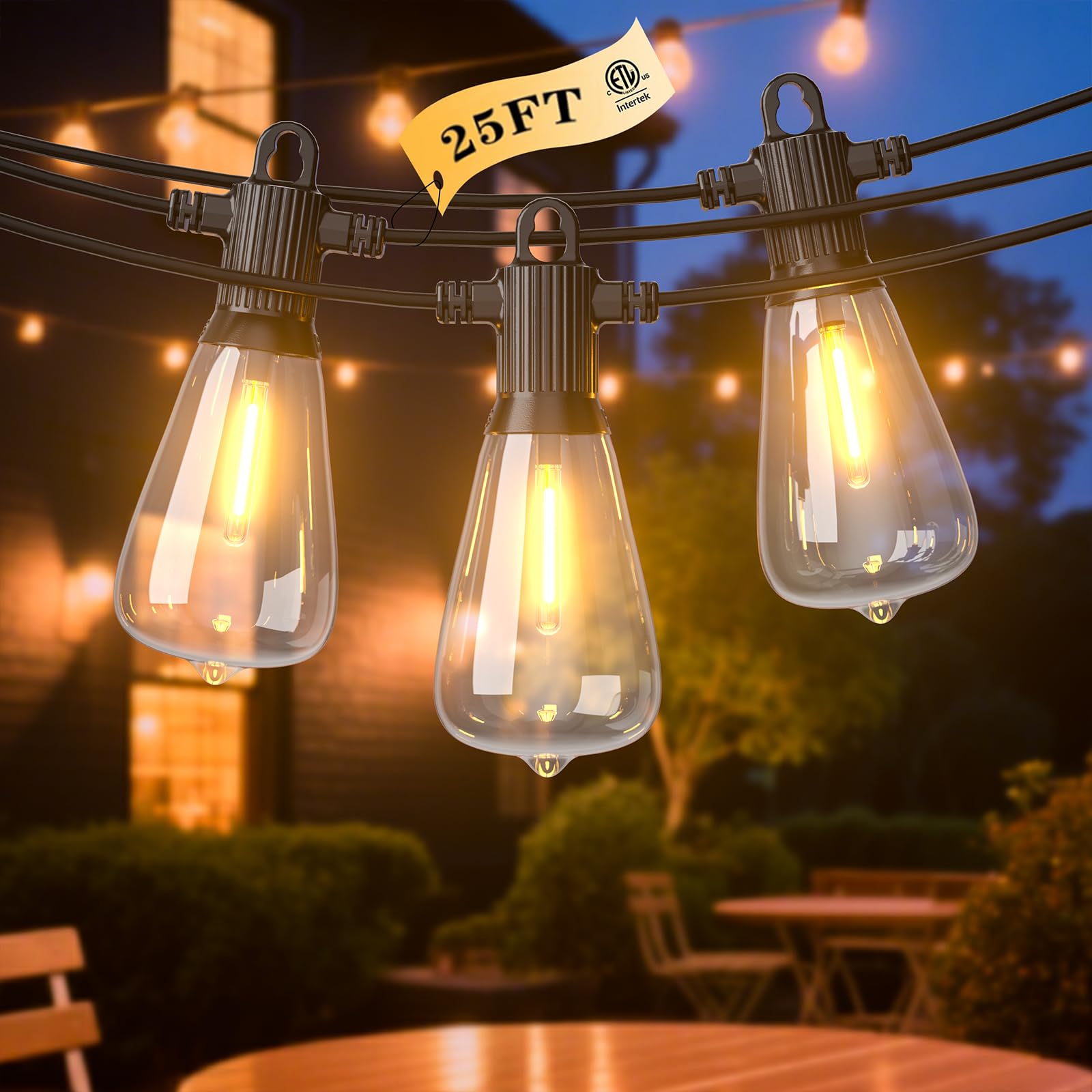 LED Outdoor String Lights, 25FT Outside Waterproof Patio Lights with 12+1 Shatterproof ST38 Edison Bulbs, 2700K Warm White Hangi
