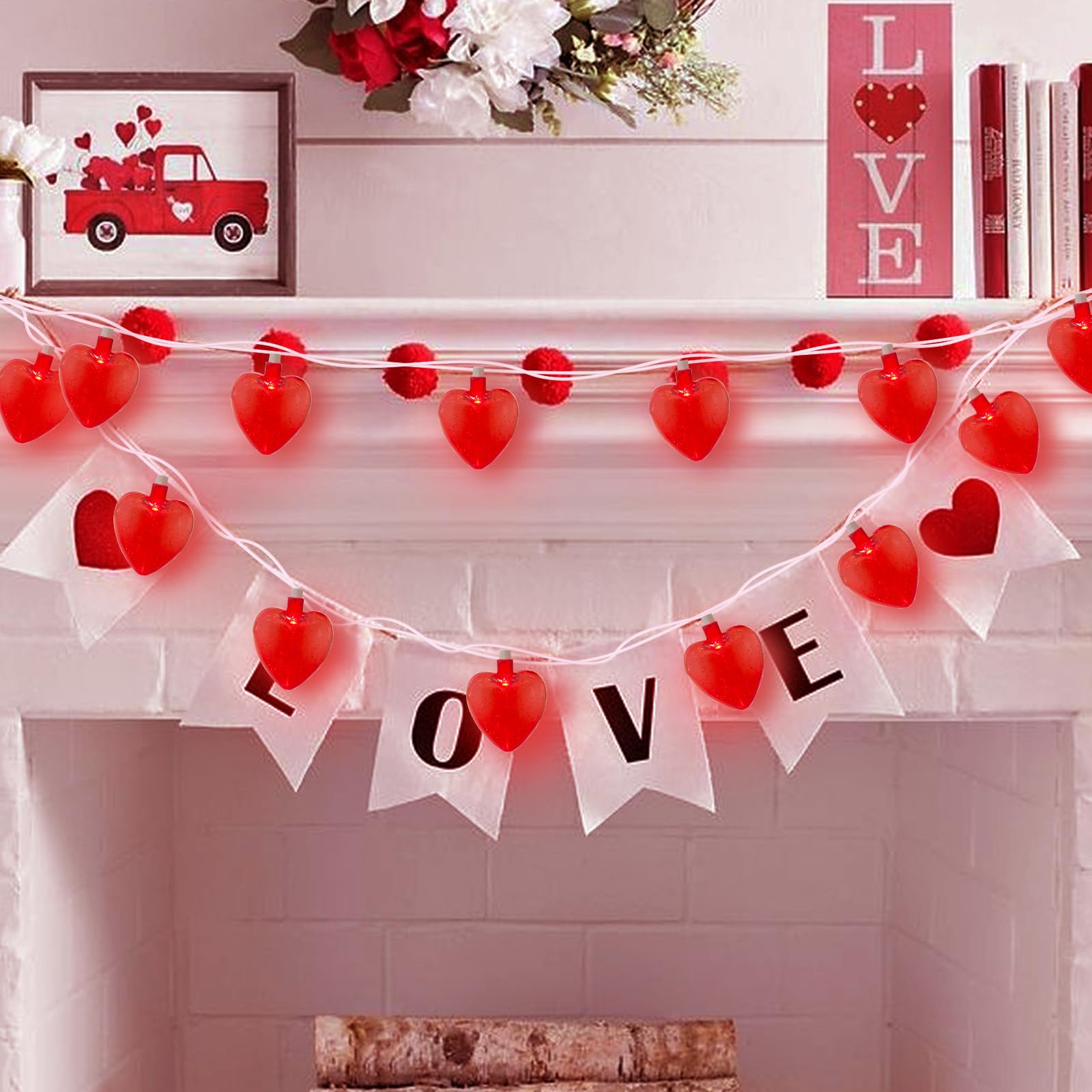 Red Heart String Lights, 8.5Ft Outdoor Valentine'S Day Decorations Lights With 10 Red Glitter Heart Lights, Hanging Valentines H