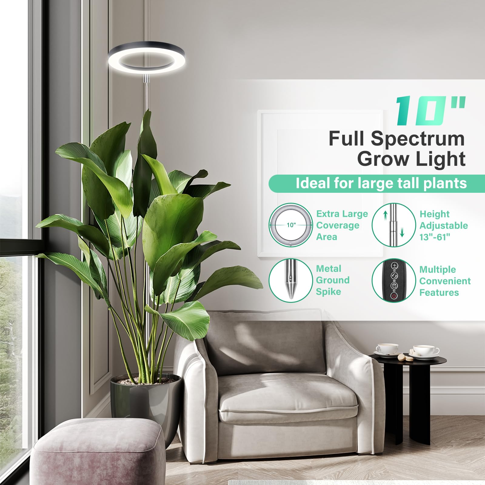 Lordem 10&quot; Full Spectrum Grow Light, 160 Leds Plant Lamp For Indoor Plants, Grow Lamp With 4/8/12H Auto Timer, 10 Dimmable Levels, 3 Spectrum Modes, 61&quot; Height Adjustable, Ideal For Large Tall Plants