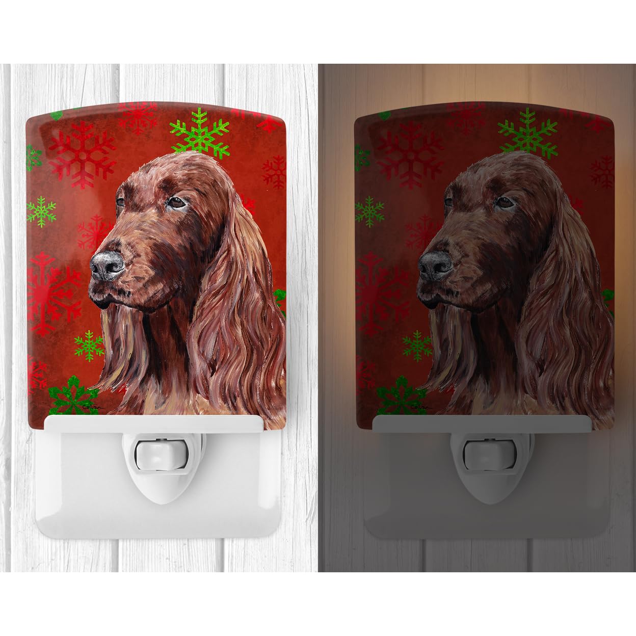 Caroline'S Treasures Sc9580Cnl Irish Setter Red Snowflakes Holiday Ceramic Night Light Compact, Ul-Certified, Ideal For Bedroom, Bathroom, Nursery, Hallway, Kitchen, 6X4X3, Multicolor