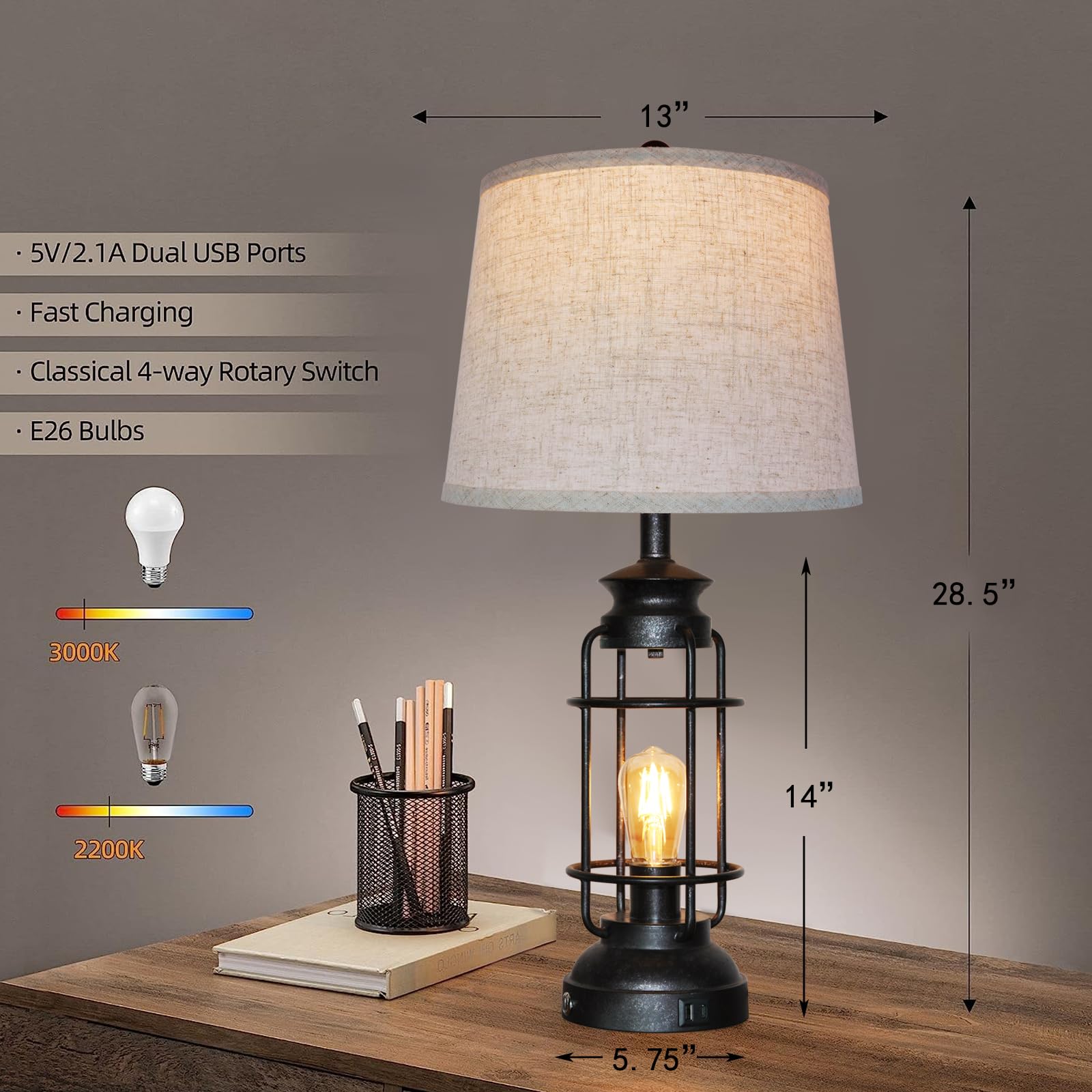 Table Lamps Set Of 2 With Usb Port 3 Way Dimmable Touch Lamps 28.5'' Tall Rustic Industrial Living Room Lamps For Bedroom Bedsid