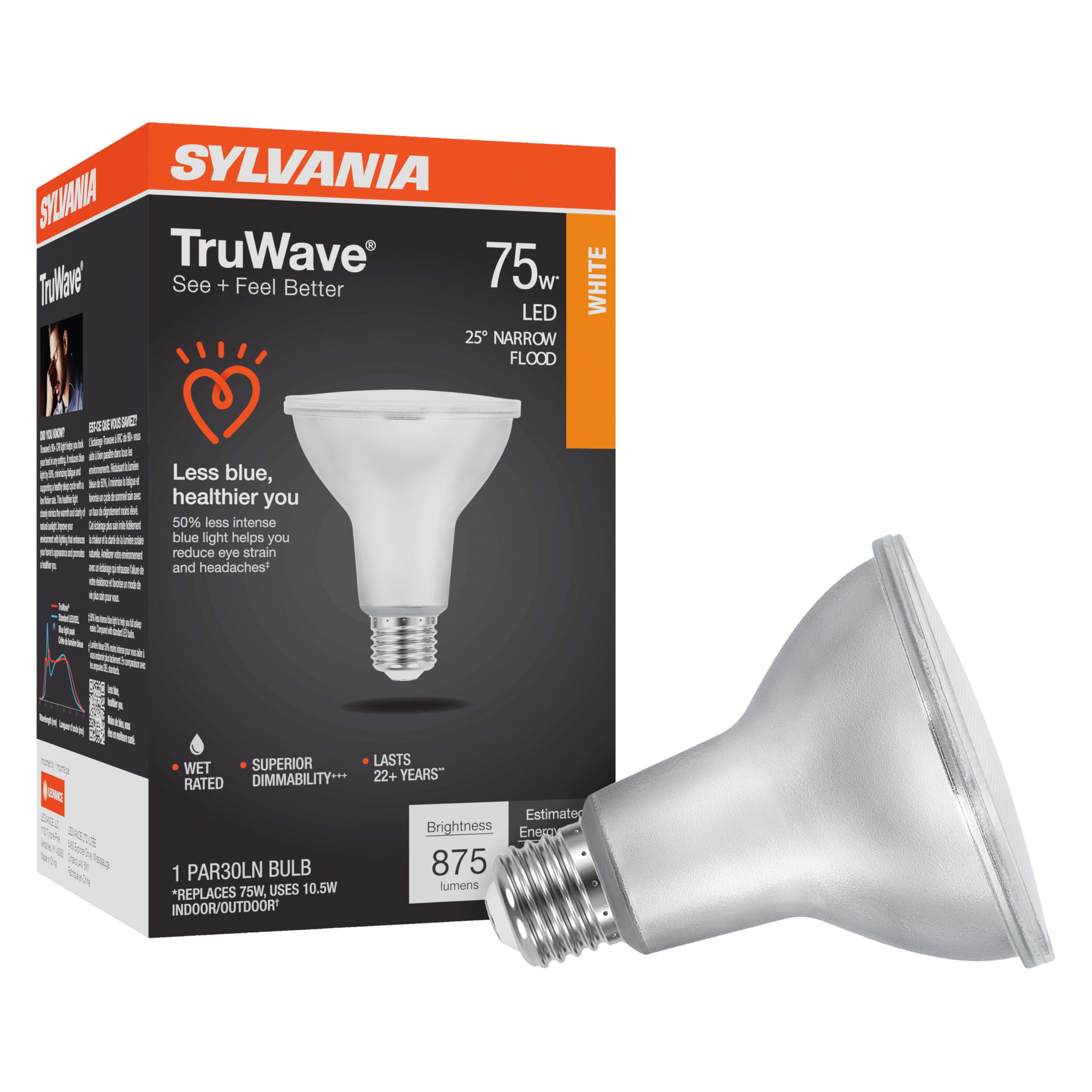 LEDVANCE Sylvania PAR30LN LED Light Bulb, Dimmable 3000K, 75W=9W, Glass, Soft White, 1 Pack, Model 40910