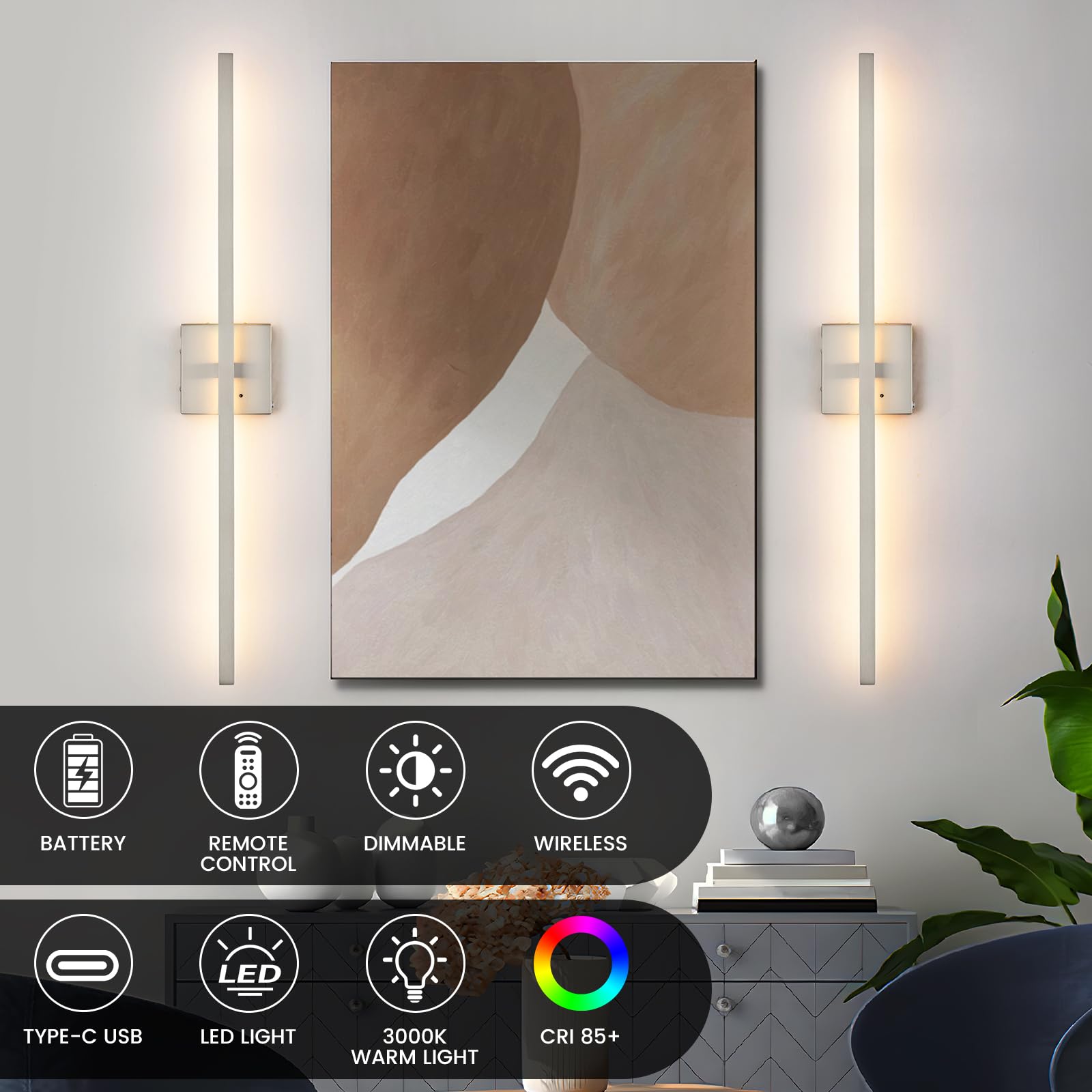 Battery Operated Wall Sconce Set Of 2, Wireless Rechargeable Wall Sconces With Remote Control, 3000K/4500K/6000K Dimmable Modern