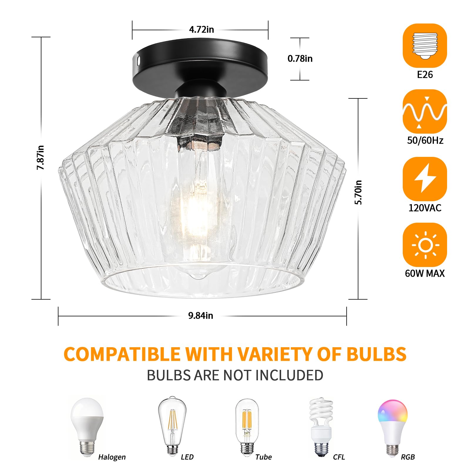 FRIDEKO HOME Semi Flush Mount Ceiling Light - 8.66in Black Glass Fixture, Model L01144-106-25CM-US, Modern Design for Hallway, Bedroom, Kitchen