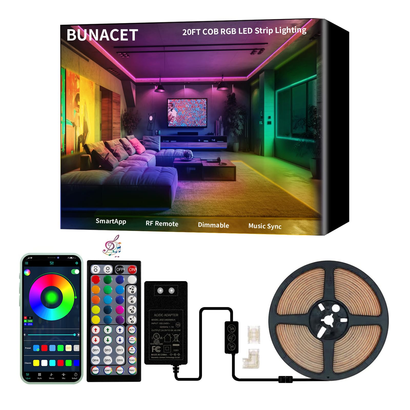 BUNACET COB RGB LED Strip Lights, 20ft, Music Sync, Remote Control, Plastic, Model BNT-LED, Color Changing, Home Decor