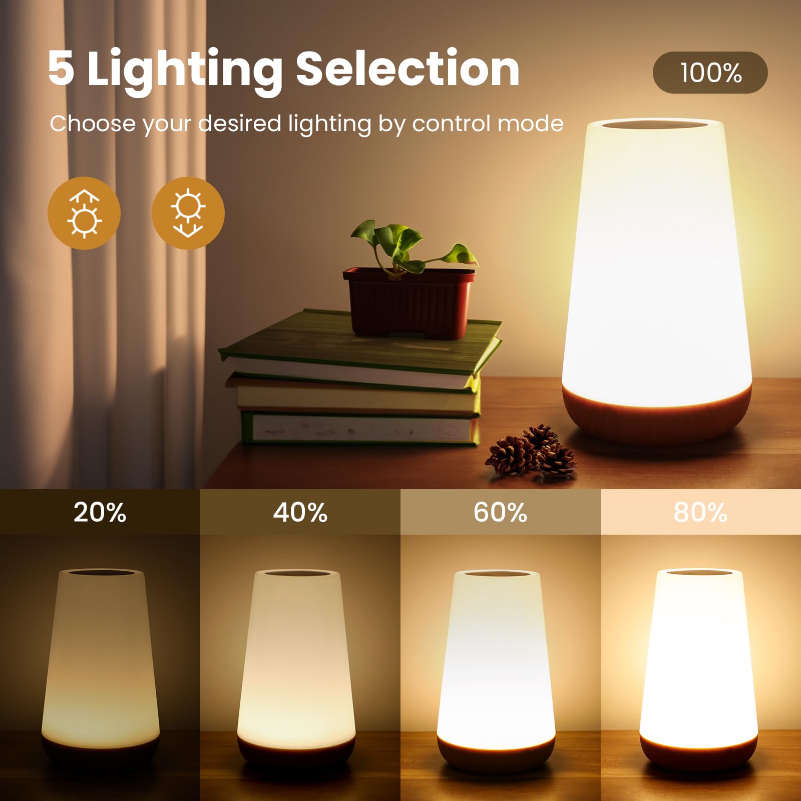 THAUSDAS Dimmable Touch Lamp - Large Brown Glass Night Light, 5 Brightness Levels, 13 RGB Colors, Model M4 for Bedroom & Nursery