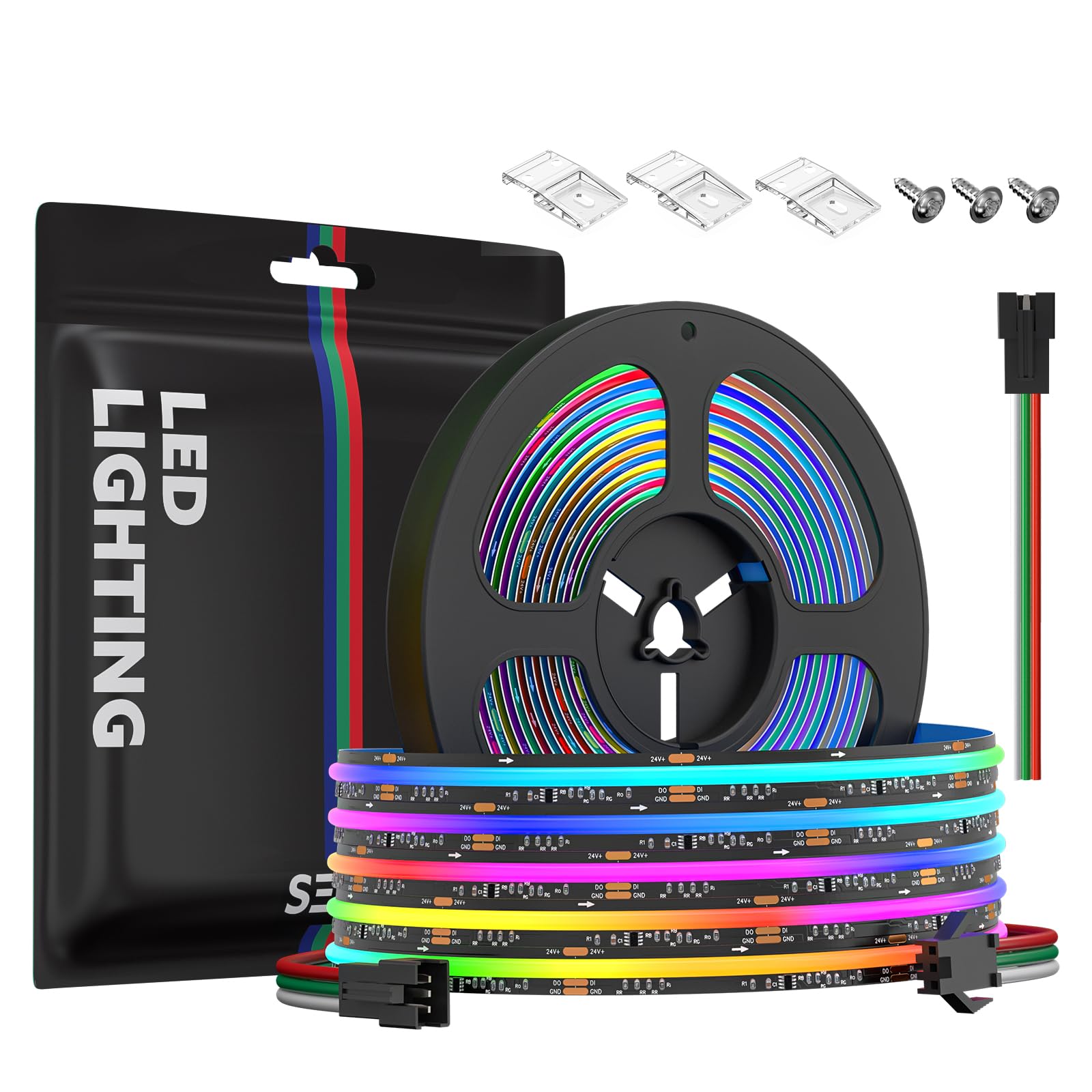 SEZO RGB Smart IC COB LED Band Lights WS2811 IC Addressable 16.4FT/5M DC24V 630LEDs/M IP30 Dream Color Chasing High Density FCOB RGB LED Tape for Indoor DIY Decoration (Not Included Controller)