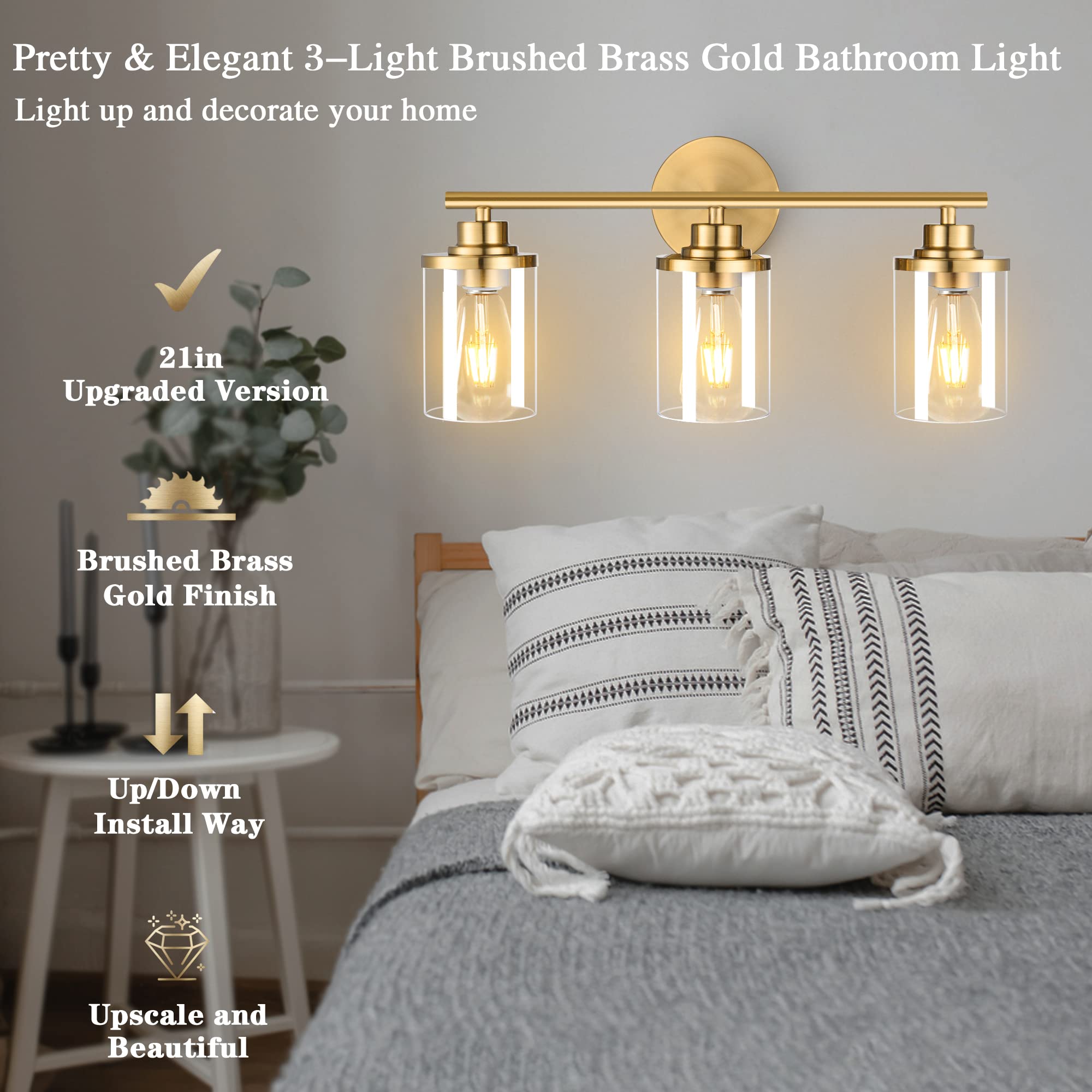 Porphyions 3-Light Bathroom Vanity Light Fixture, Brushed Gold Metal, Modern Design, 20in  Over Mirror Sconce