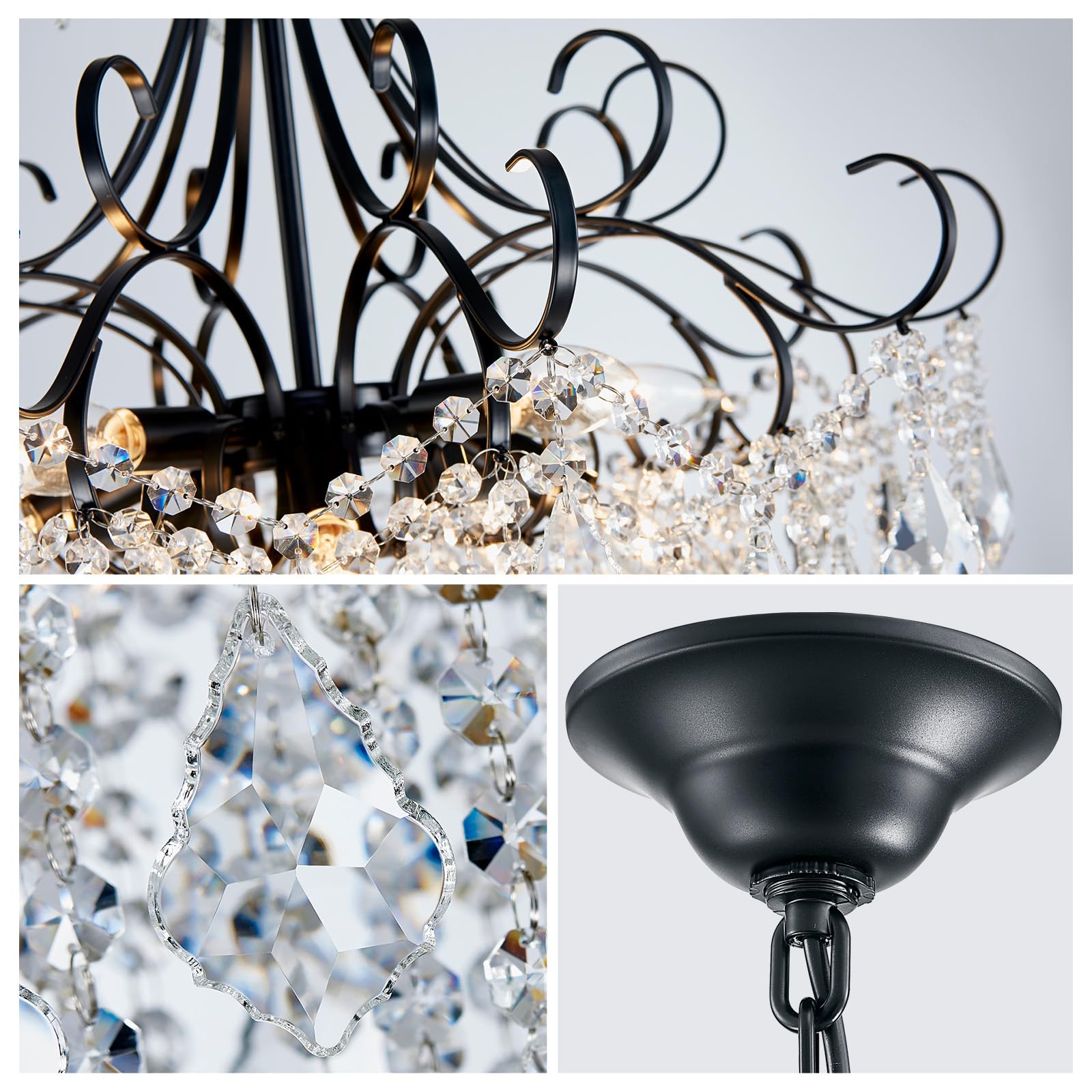 WUZUPS Crystal Chandelier Pendant Light 10-Light E12 Base Metal 27.6in H x 22.8in W Black CAHD30502B