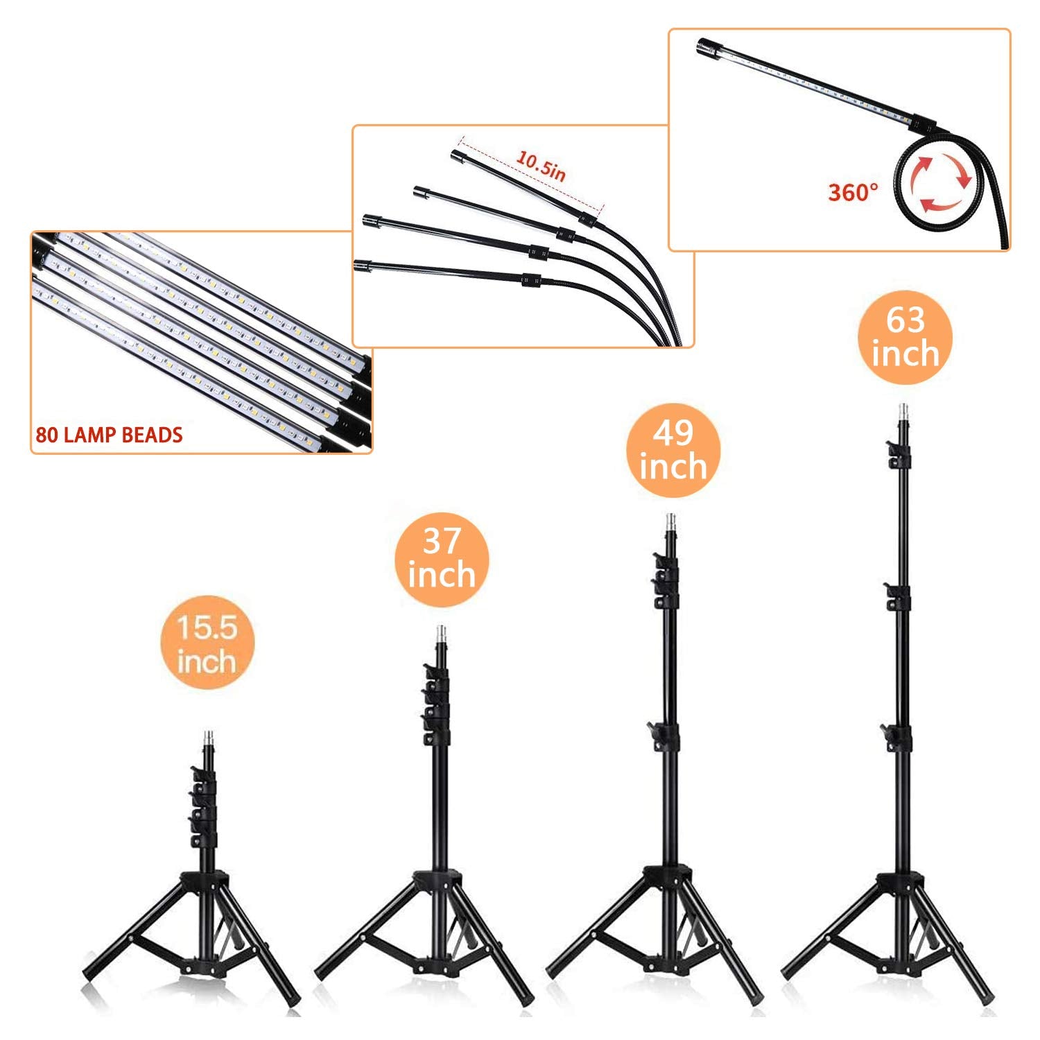 Growstar 80W Grow Light With Stand Tripod, 4 Heads Plant Light With Timer 4/8/12H, Grow Lamp Full Spectrum 360°Adjustable Gooseneck & Tripod For Indoor Plants.