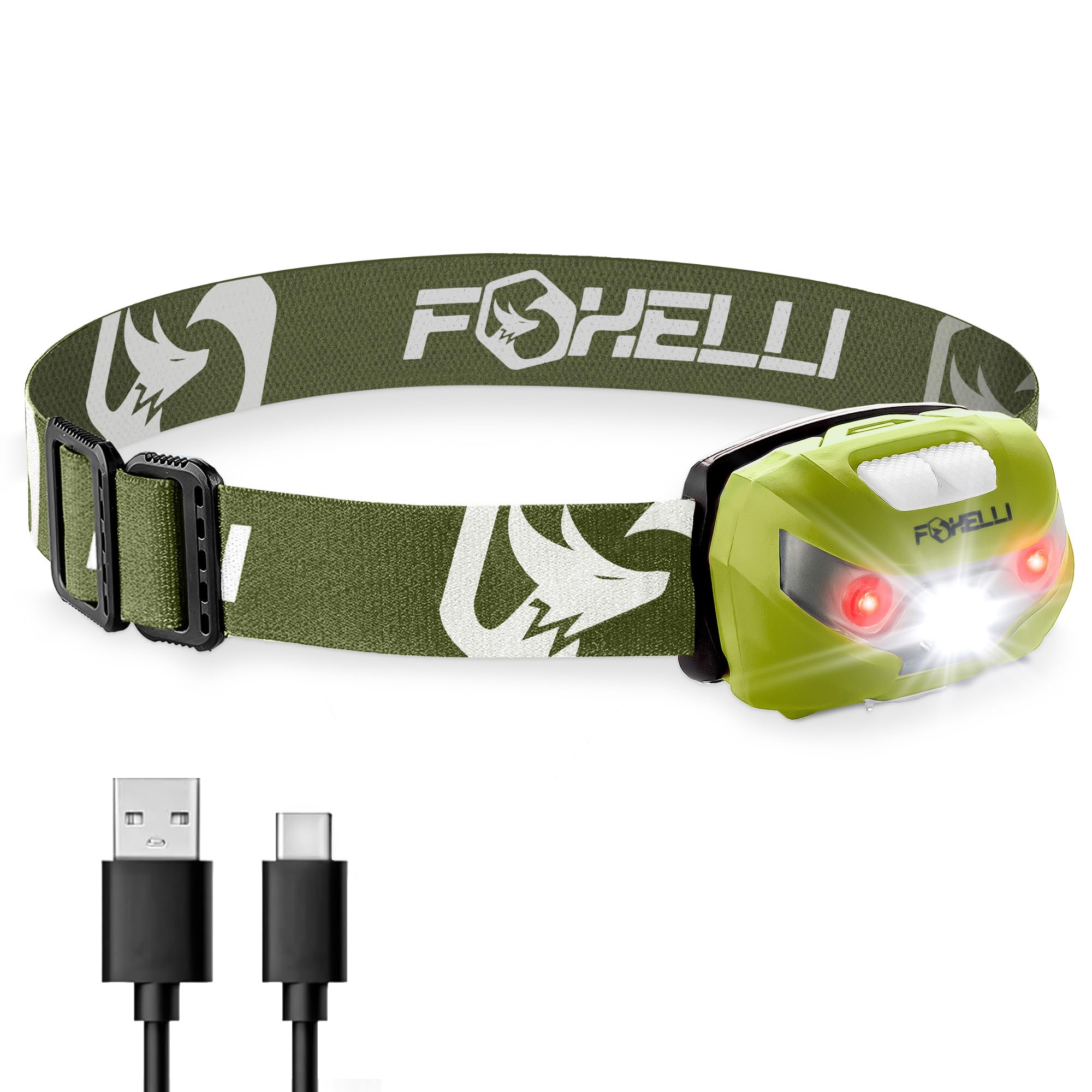 Foxelli Rechargeable LED Headlamp - Super Bright, Lightweight, Khaki, Model MX10H, Ideal for Running, Camping, Hiking, and Work