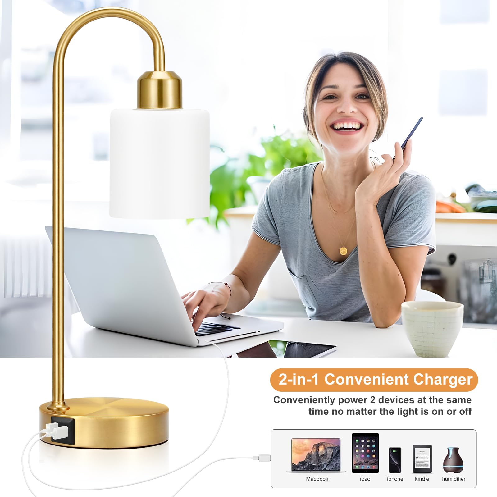 Opal Gold Desk Lamps For Home Office - 3 Way Dimmable Touch Gold Lamp With Usb C+A Ports, Nightstand Lamp With Glass Shade,Bedside Table Lamps For Night Stands, Bedroom,Living Room, Led Bulb Included