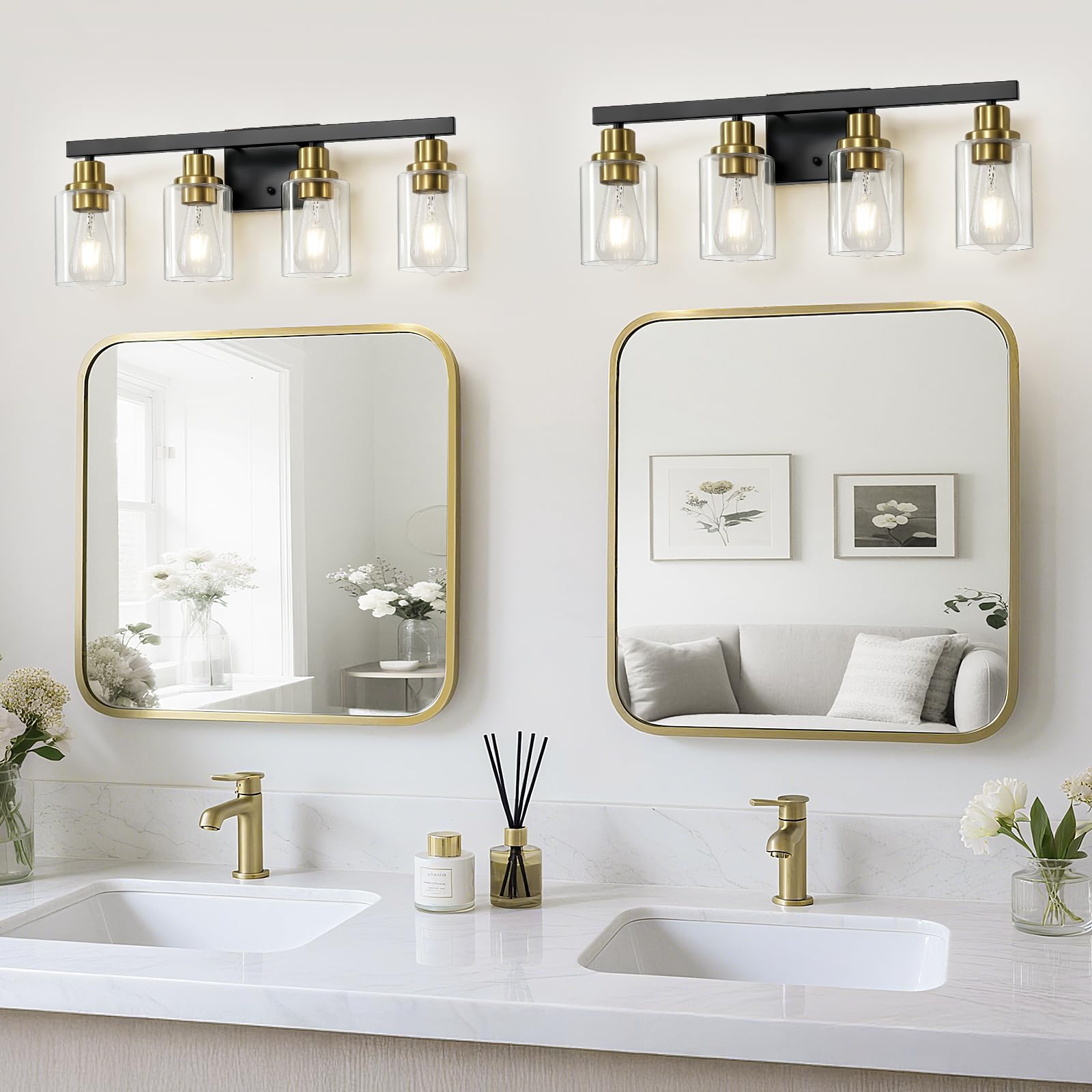 DIKAIDA Bathroom Vanity Light 4-Light Black & Gold Metal Fixture with Clear Glass Shade, Model BLBD-G-4