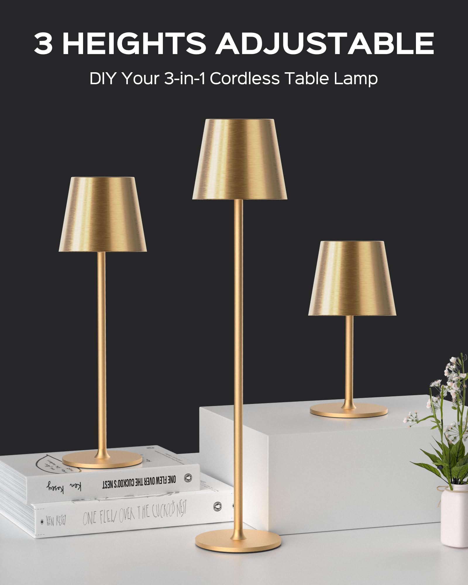 JACKYLED Cordless Table Lamps, 5000mAh Battery, 3 Height Settings, LED, Waterproof, Gold, 2 Pack, Model JKTL02-7005402B