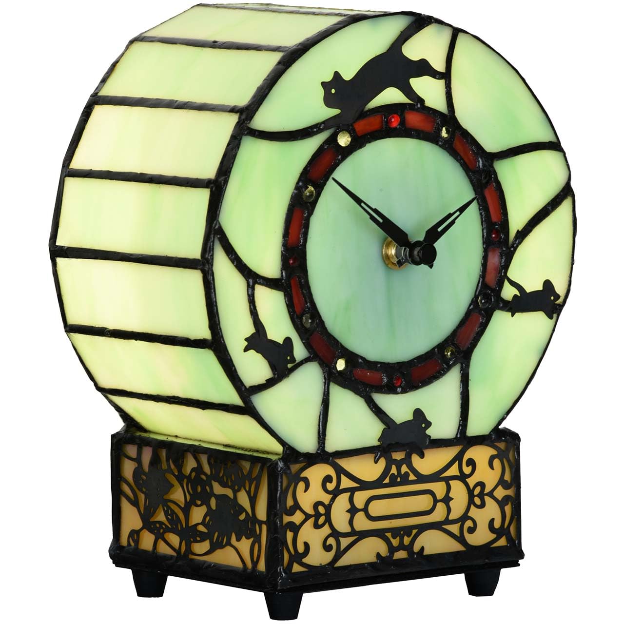 Bieye L10970 Cat and Mouse Tiffany Style Stained Glass Desk Clock Table Lamp for Home Decor (Green)