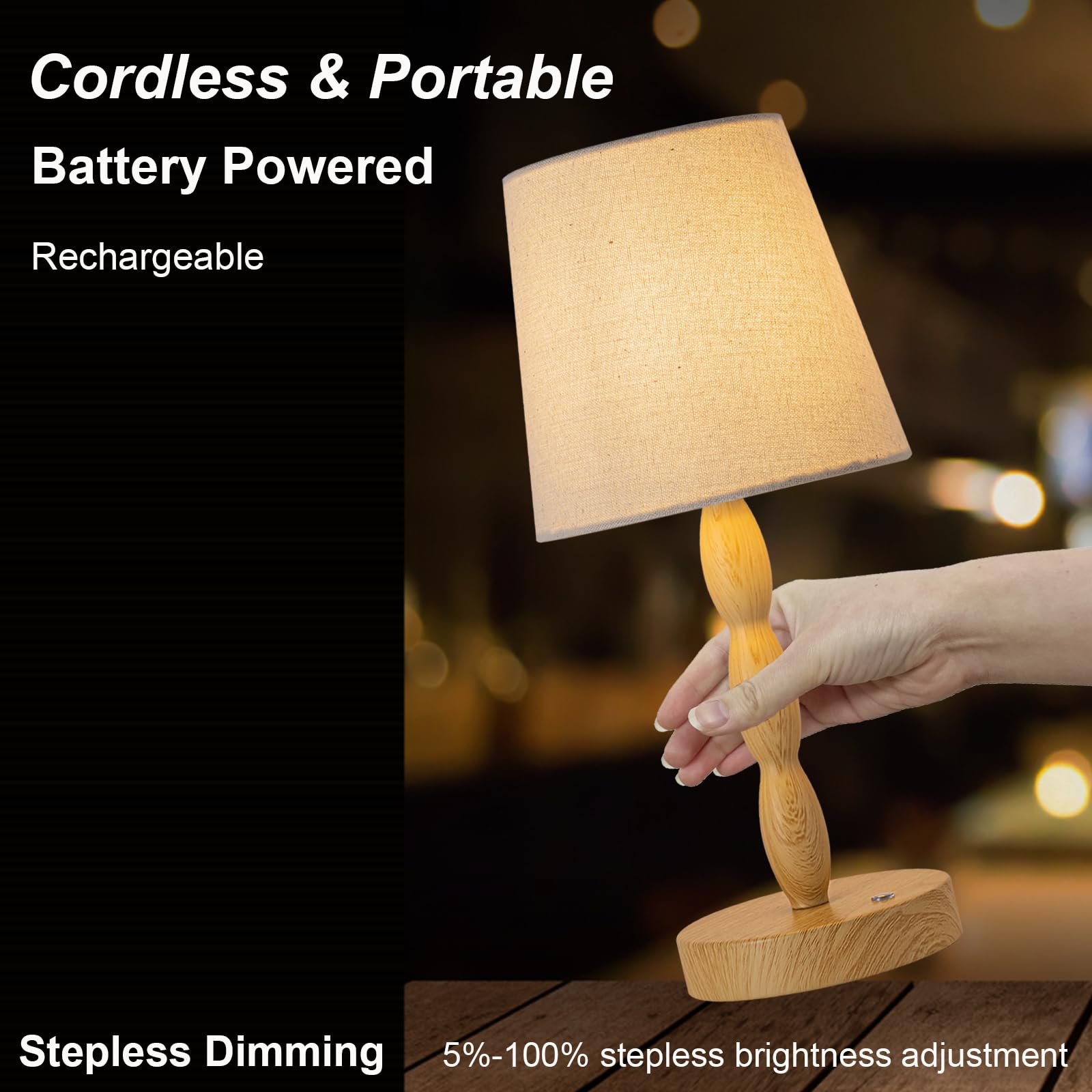 CASTLELIFE Portable Cordless Table Lamp, Touch Control, Rechargeable, 3-Level Brightness, Natural Wood Grain, Model CL8433-YM