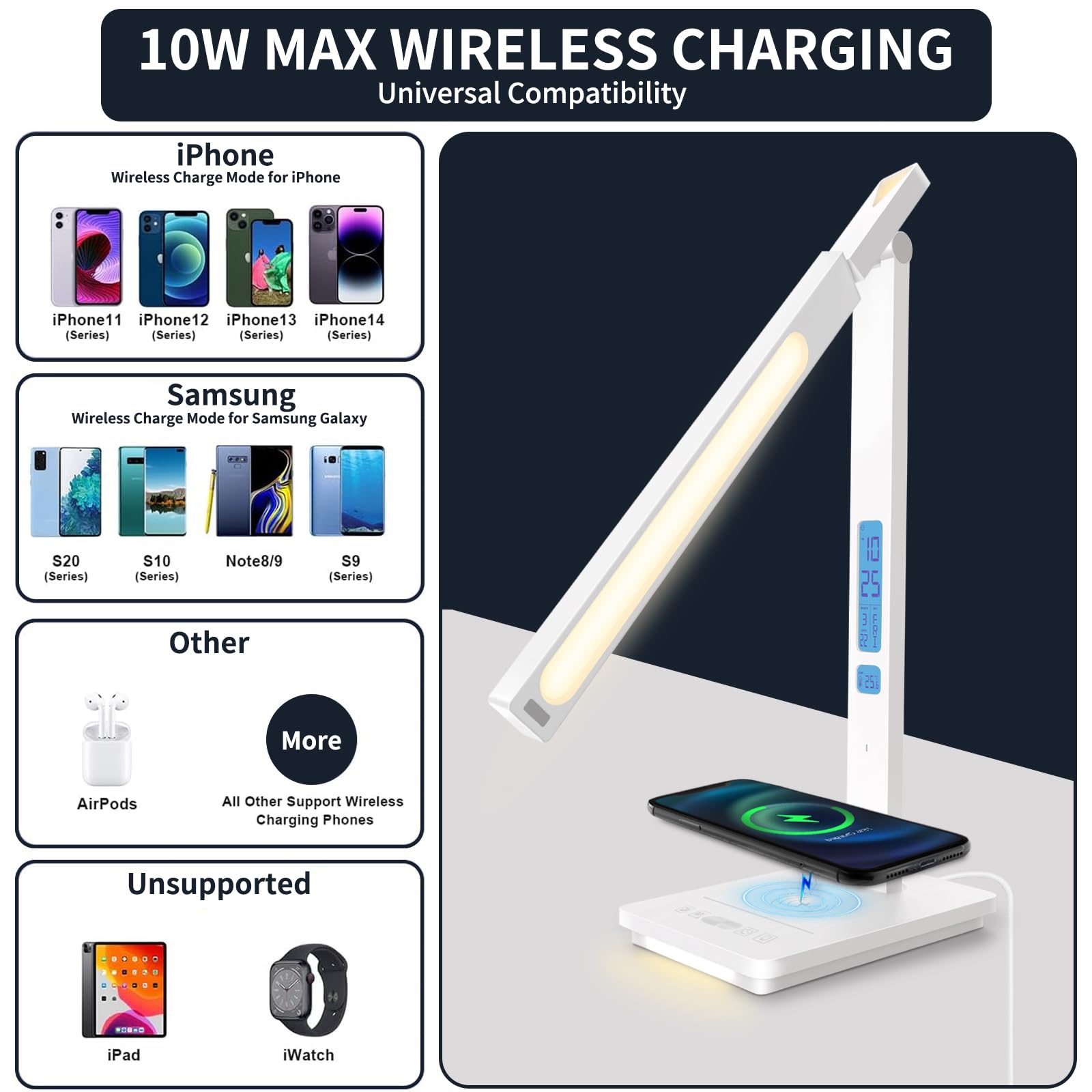 10 In 1 Smart Desk Lamp Led, Desk Light For Colleage Drom Room Office, Eye-Caring Table Lamp With Night Light, Lamp For Desk With 10W Wireless Charger, Dimmable Touch Lamp, Birthday Gifts For Women