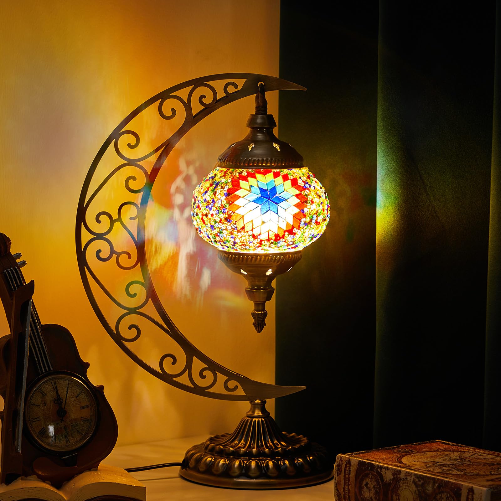 Hortsun Turkish Lamp Moon Shaped Moroccan Lamp Turkish Mosaic Stained Glass Table Light with Bronze Base Colorful Moroccan Globe