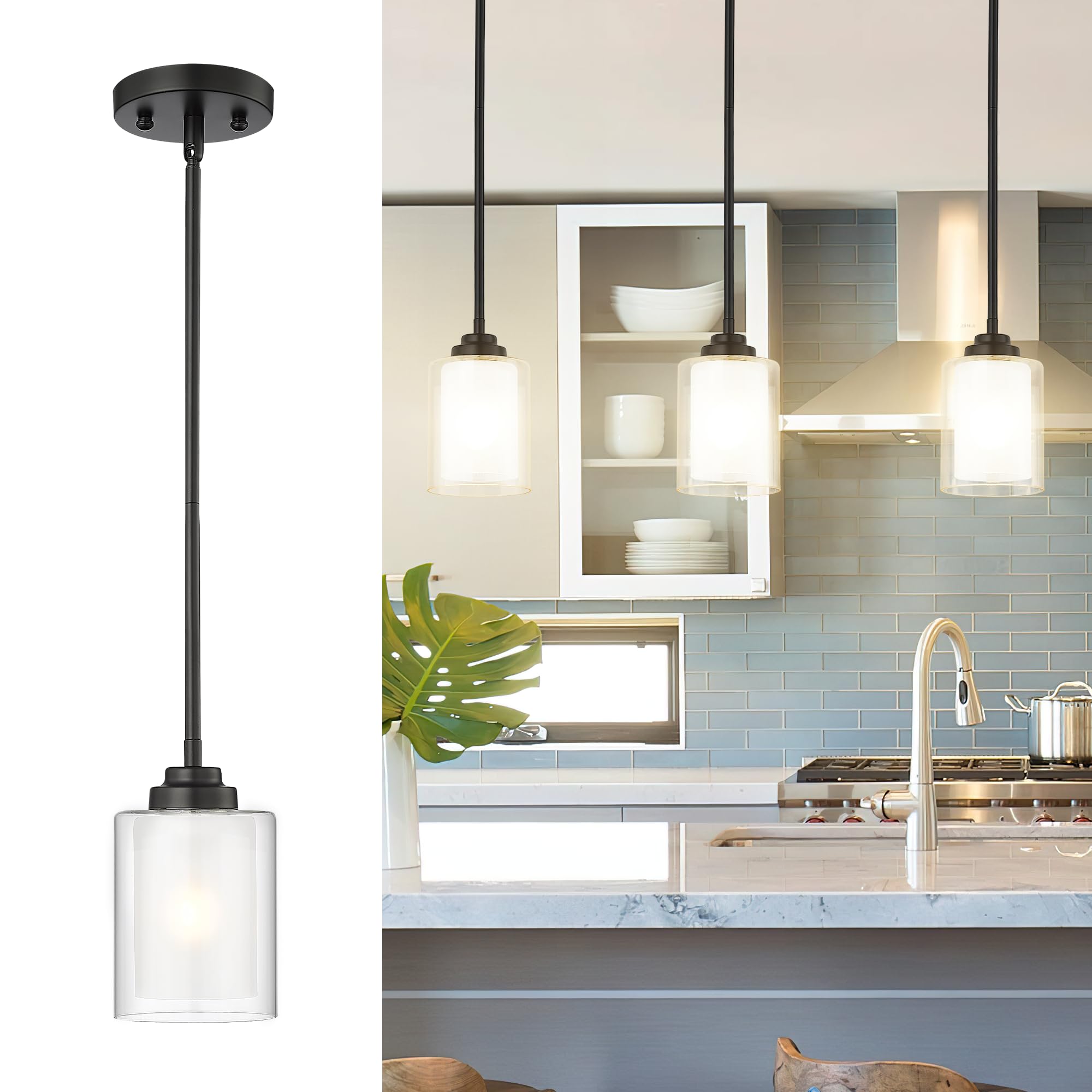 TENGXIN Modern Pendant Light, Matte Black, Glass, 1 Pack, Model TXPLBK02