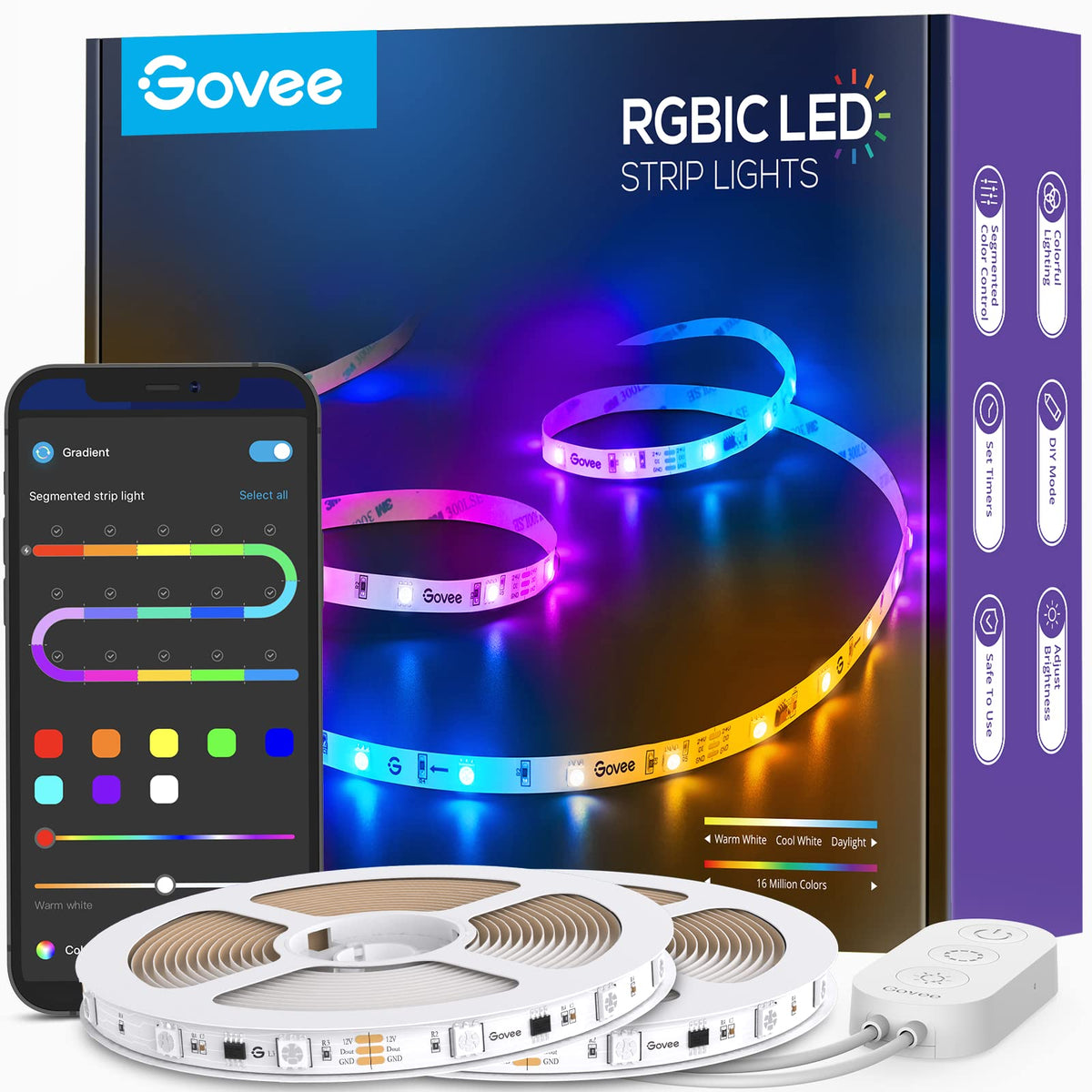 Govee 65.6Ft Rgbic Led Strip Lights, Color Changing Led Strips, App Control Via Bluetooth, Smart Segmented Control, Multiple Sce