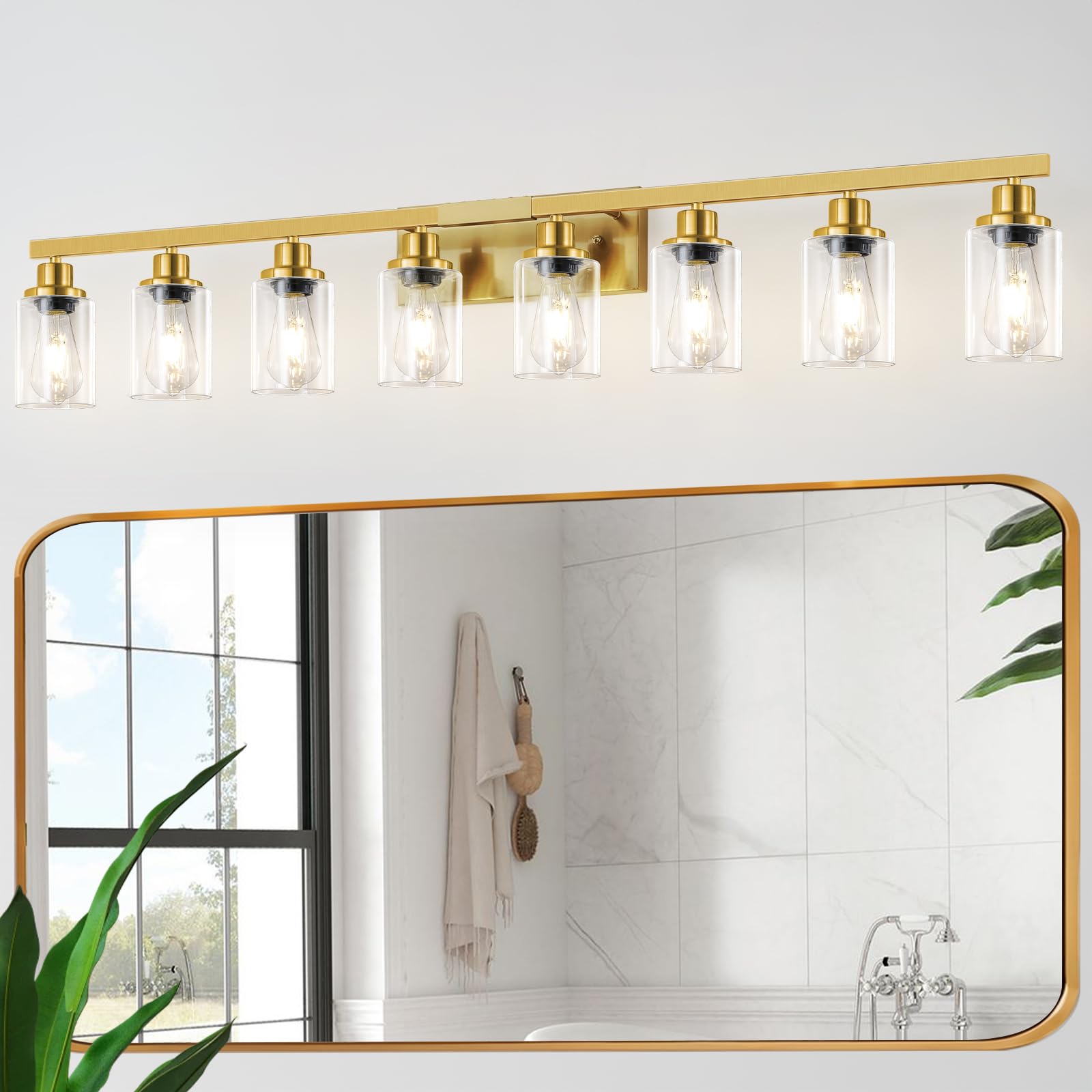 DIKAIDA 8-Light Gold Bathroom Vanity Lights, Modern Metal Wall Lighting for Mirror, 52inch, Model JS-8