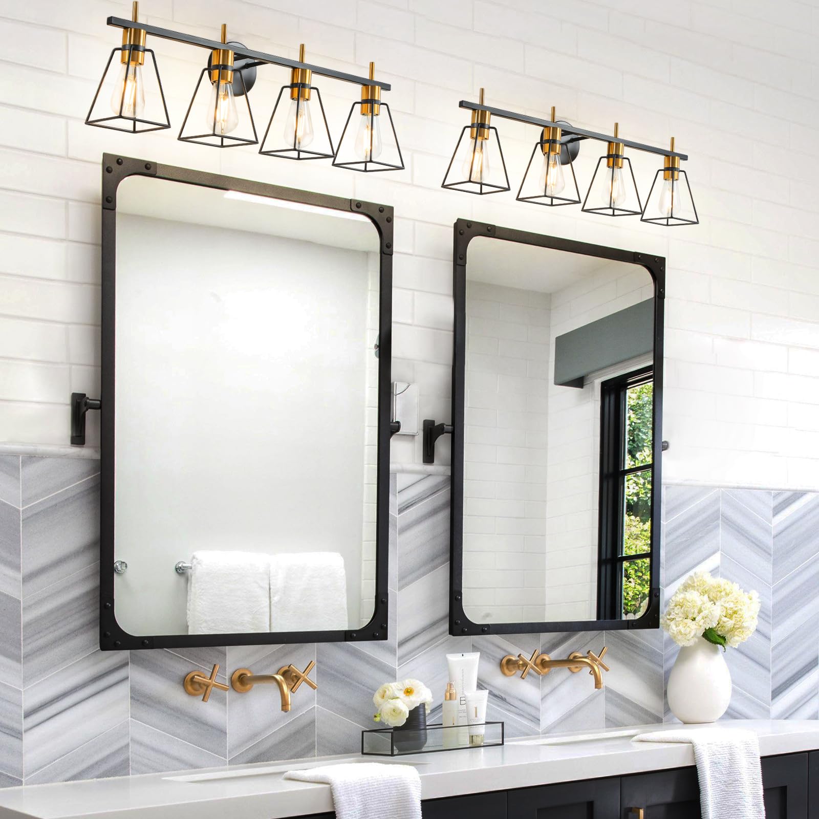 HAHZT Industrial Bathroom Vanity Lights - 4-Light Black & Gold Metal Cage Sconce for Rustic Farmhouse Style