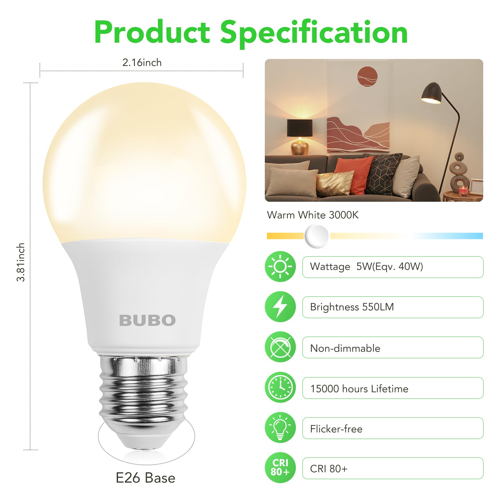 BUBO A19 LED Light Bulbs, 5W Warm White 3000K, 550 Lumens, E26 Base, 24 Pack