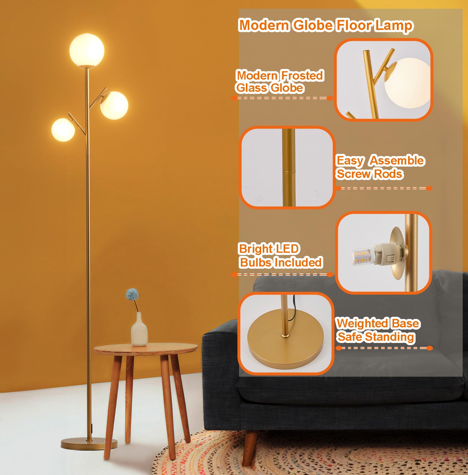 Fiqevs Mid Century 3 Globe Floor Lamp - Vintage Gold With Led Bulbs & Frosted Glass Shades
