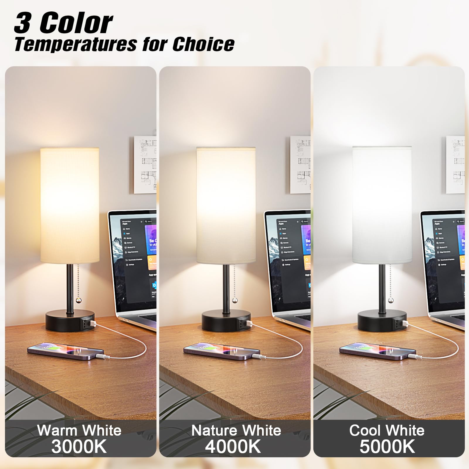 White Table Bedside Lamp For Bedroom Nightstand - Small Lamp With Usb A + C Charging Port, 3 Color Temperatures Pull Chain Night