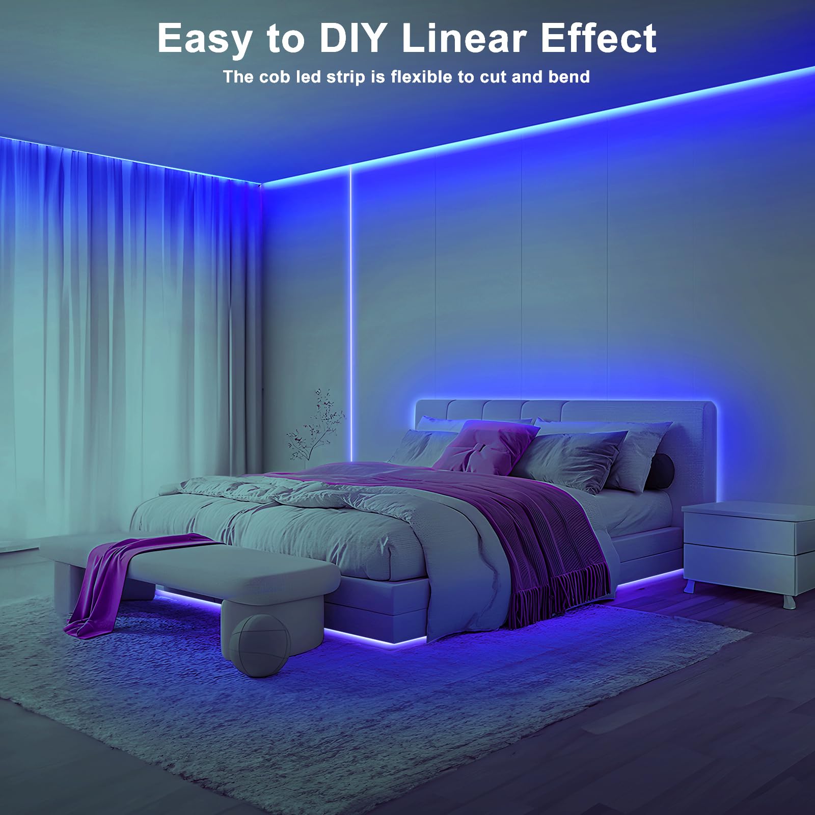 Tatazone 16.4Ft Blue Cob Led Strip Lights With Rf Remote, Dimmable Bright Adhesive Indoor Led Cob Light Strip For Cabinet, Paint