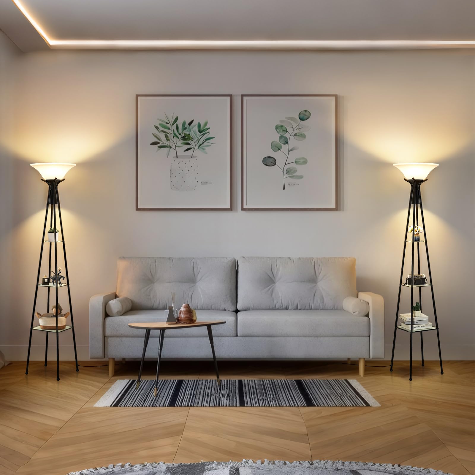 Floor Lamp With Shelves, 69    Tall Shelf Lamp With Remote Control, 3-Tier Glass Shelf Lamp, Dimmable Industrial Floor Lamps For