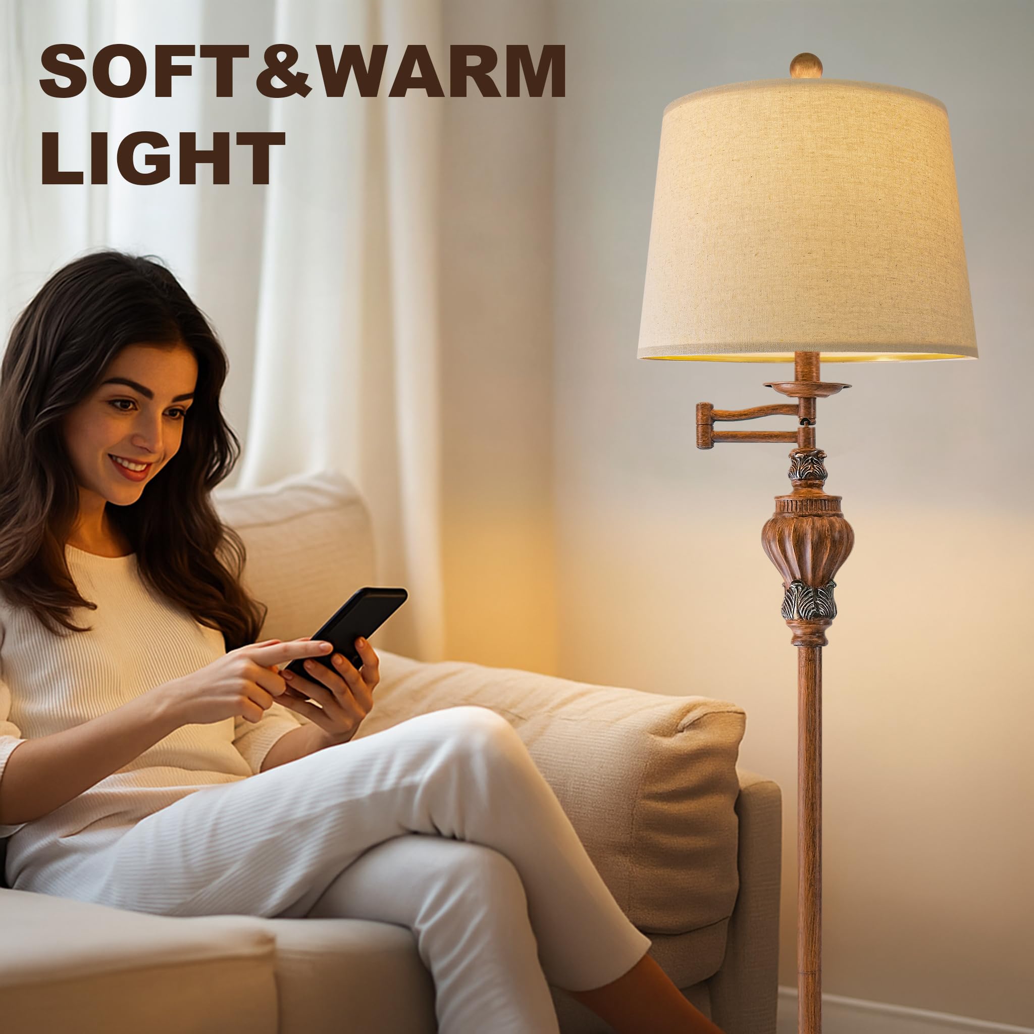 G-Safava 61  Vintage Floor Lamp With 350?Adjustable Swing Arm  Standing Lamp For Bedroom Living Room Bedside Tall Lamp Nightstand Retro Farmhouse Mid Century Lamp Light Home D?Or Office Gifts