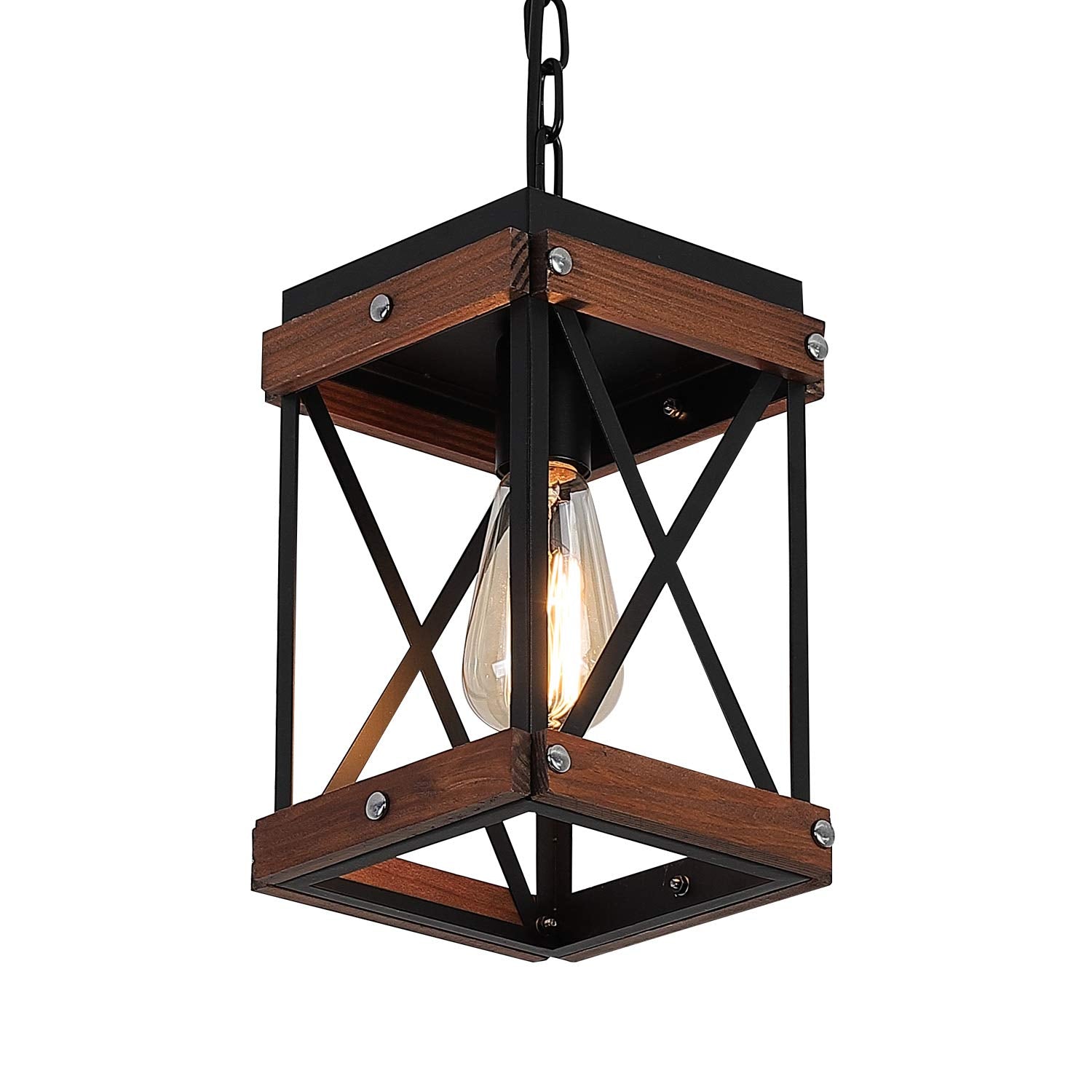 Fivess Lighting Rustic Farmhouse Pendant Light, One-Light Adjustable, Metal & Wood Cage, Black & Brown, 1-Light Pendant